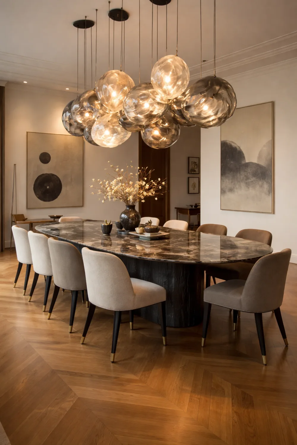 luxury statement lighting dining room with marble dining table glowing glass pendant cluster and elegant upholstered chairs