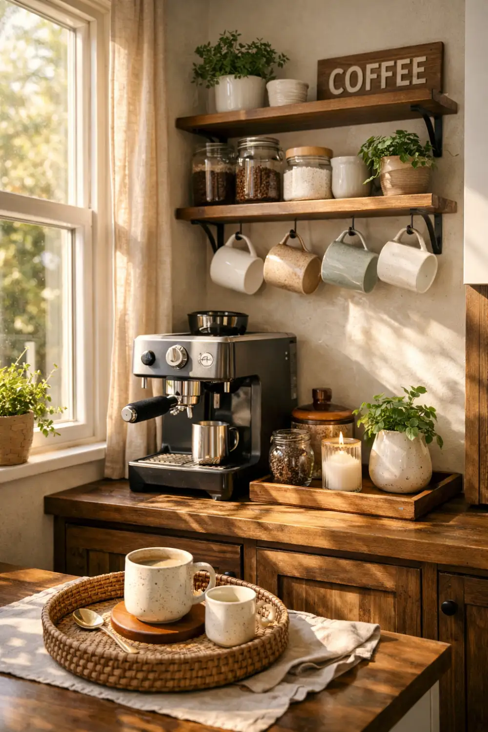 window coffee bar corner with wooden shelves hanging mugs espresso machine cozy kitchen coffee station