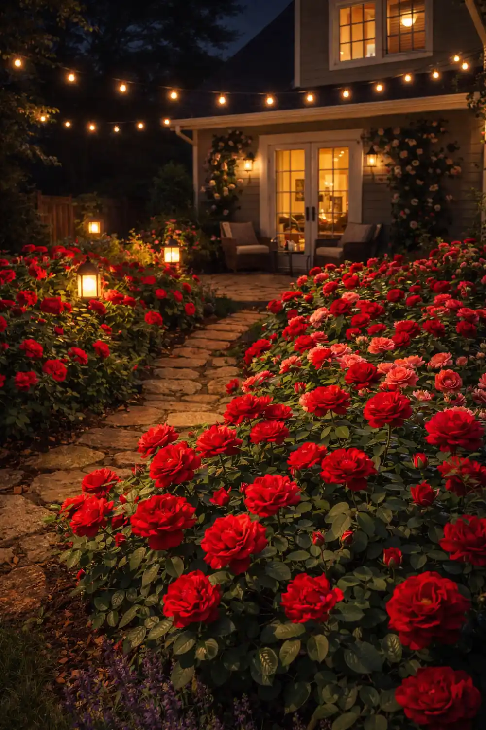 Nighttime backyard rose garden with glowing lanterns, string lights, and red rose bushes along a stone pathway near a cozy home.