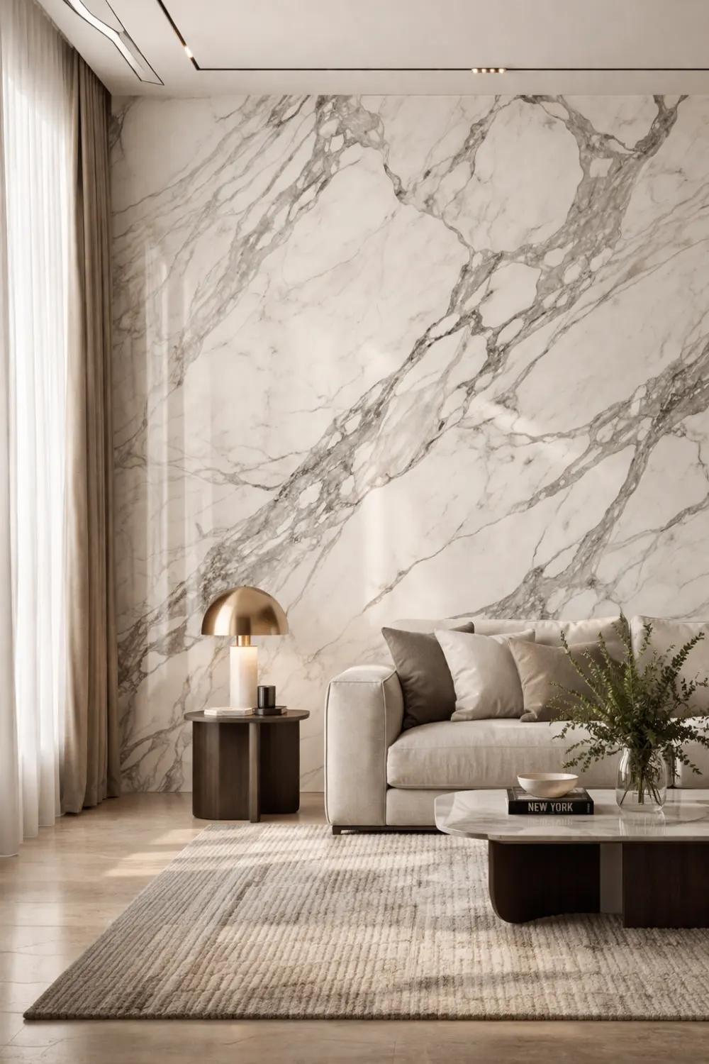 Luxury living room interior with large marble texture accent wall featuring dramatic natural veining, modern sofa and gold lamp creating a sophisticated contemporary design.
