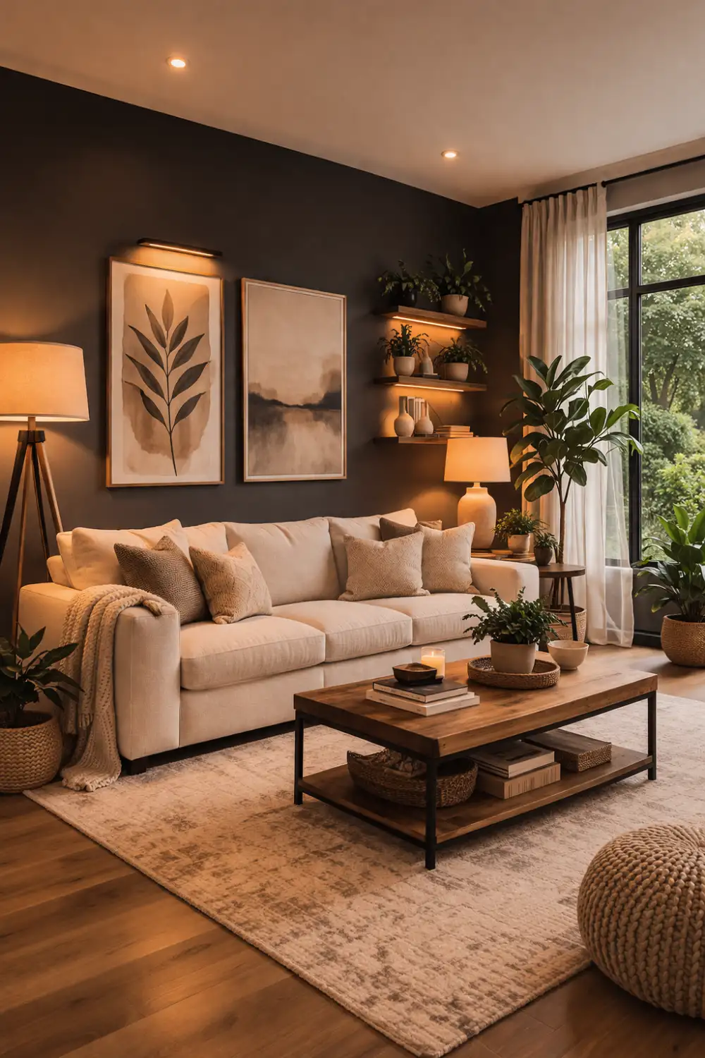 dark brown living room with beige sofa cozy neutral decor modern moody living room plants warm lighting interior idea