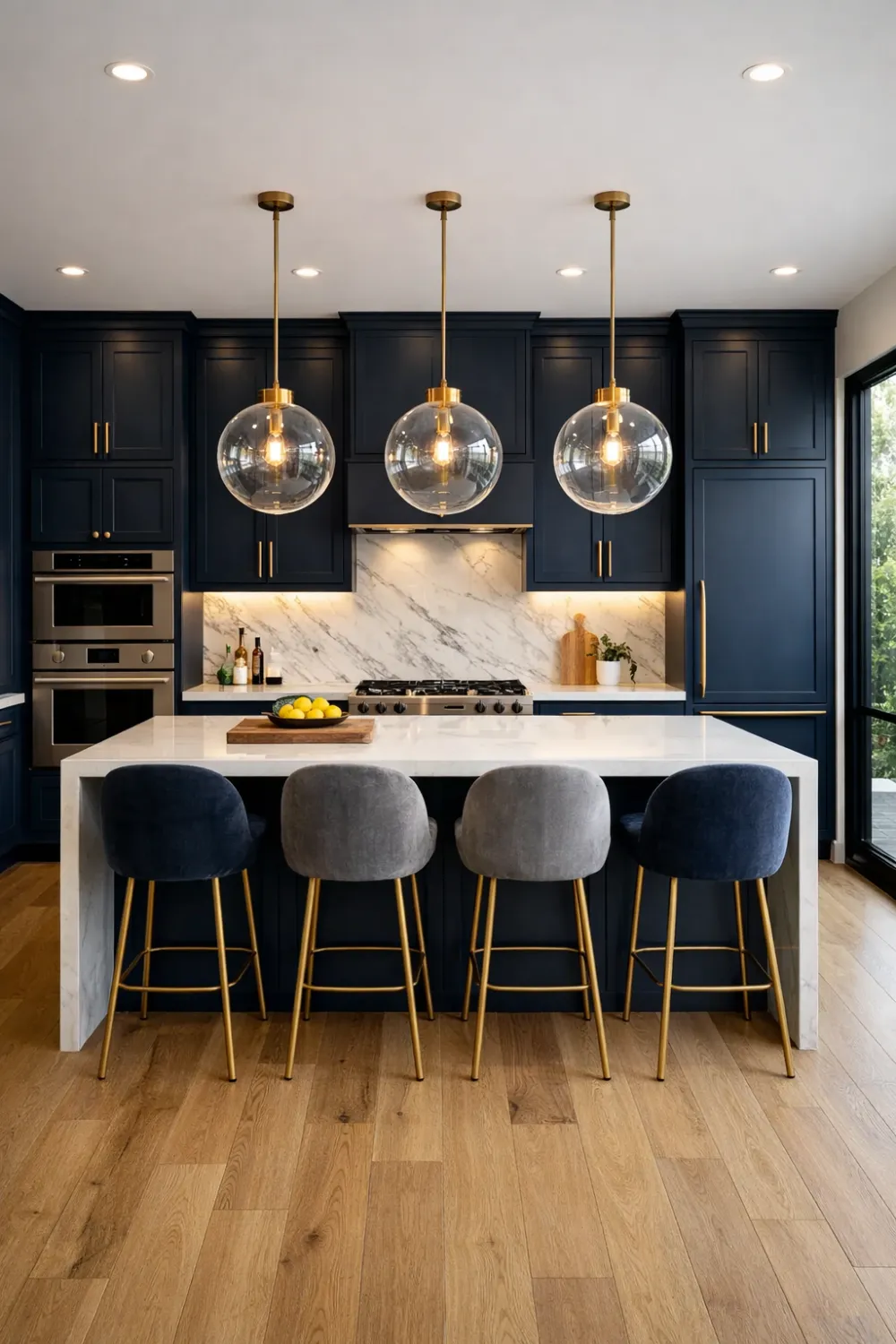 Navy blue luxury kitchen with marble backsplash, gold pendant lights, modern island, and elegant interior design.