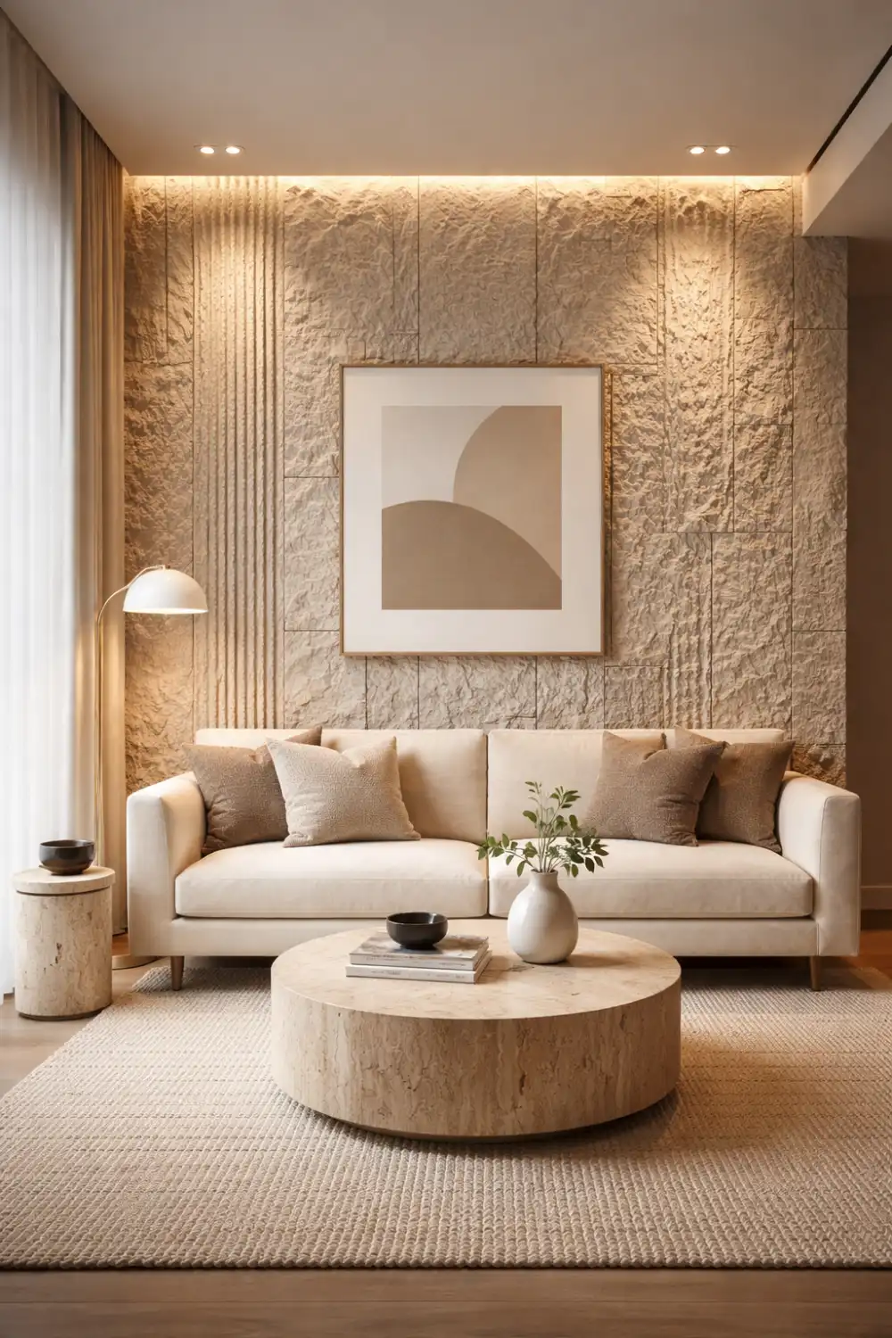 Small living room with textured stone wall, neutral sofa, round stone coffee table, and warm lighting creating a cozy luxury modern interior design.