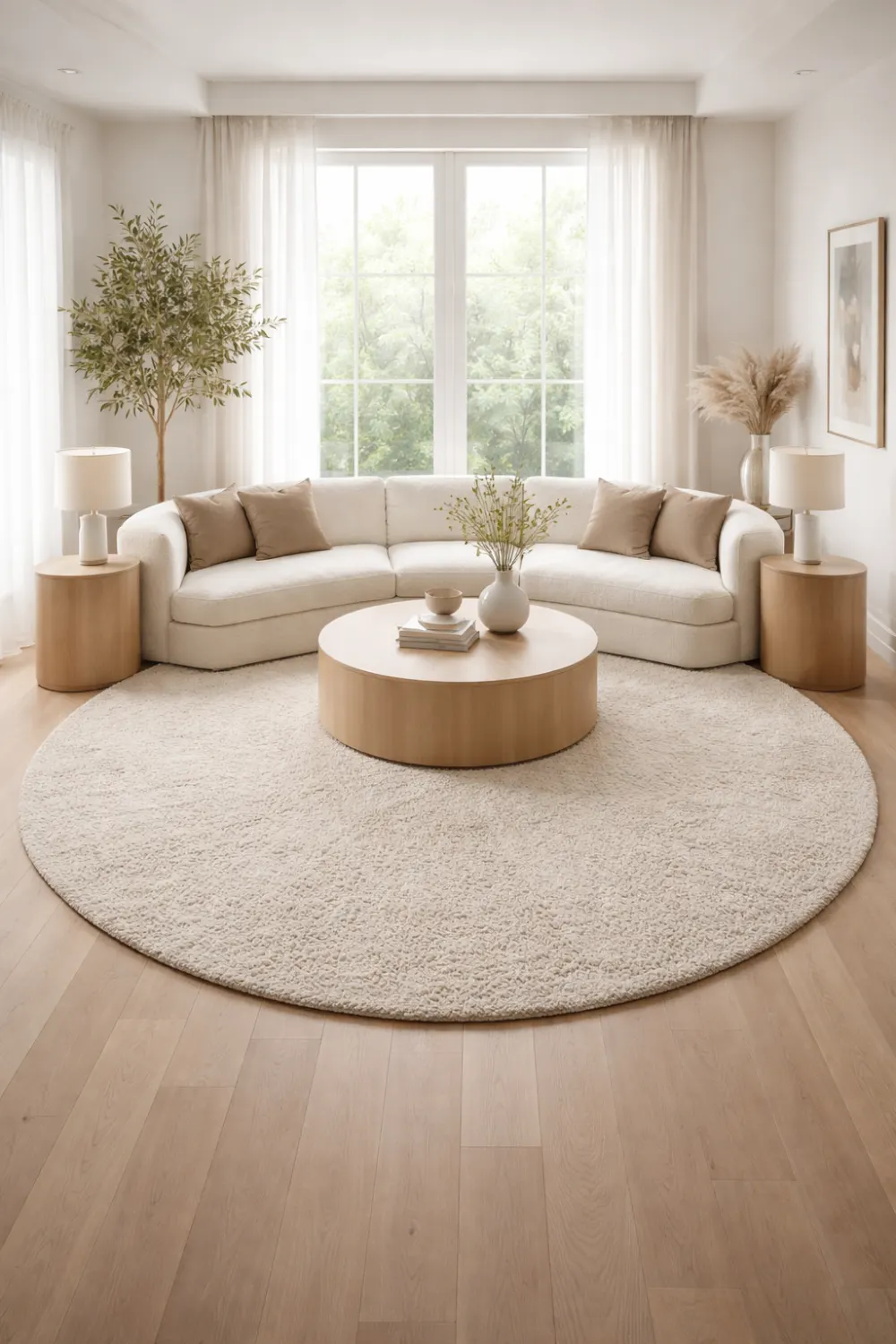 large round rug under curved sofa and table in neutral living room