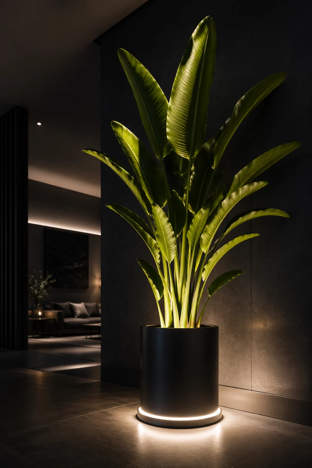 led lit indoor plant base modern decor glowing planter futuristic interior styling