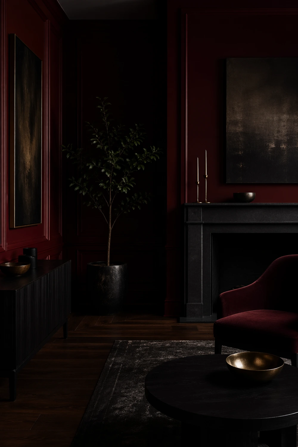 almost black cherry red walls dark moody living room black furniture low lighting luxury modern dramatic interior