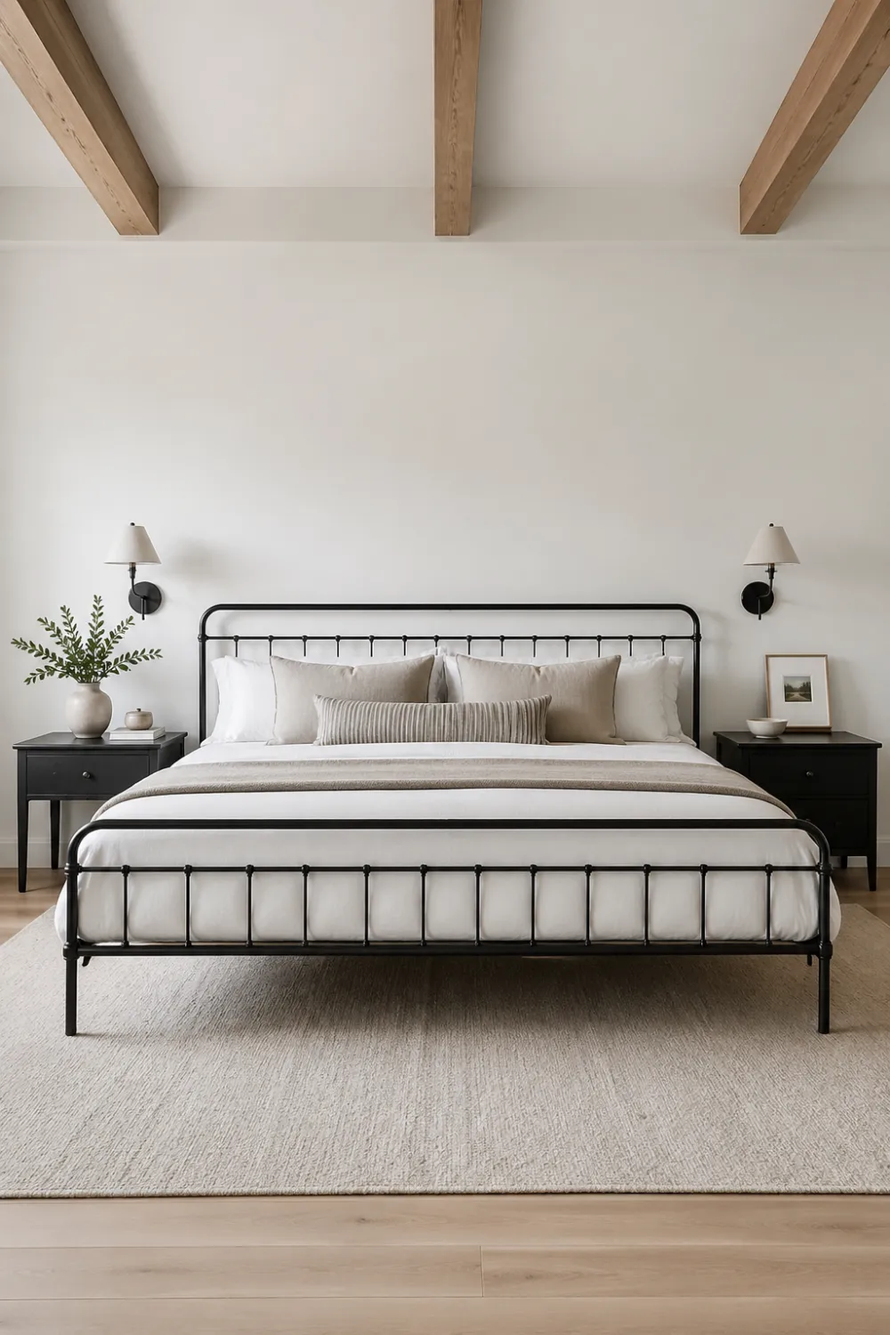 modern farmhouse bedroom with black metal bed frame, white bedding, matching nightstands, wall mounted lamps, exposed wooden beams, neutral rug, clean minimalist interior design
