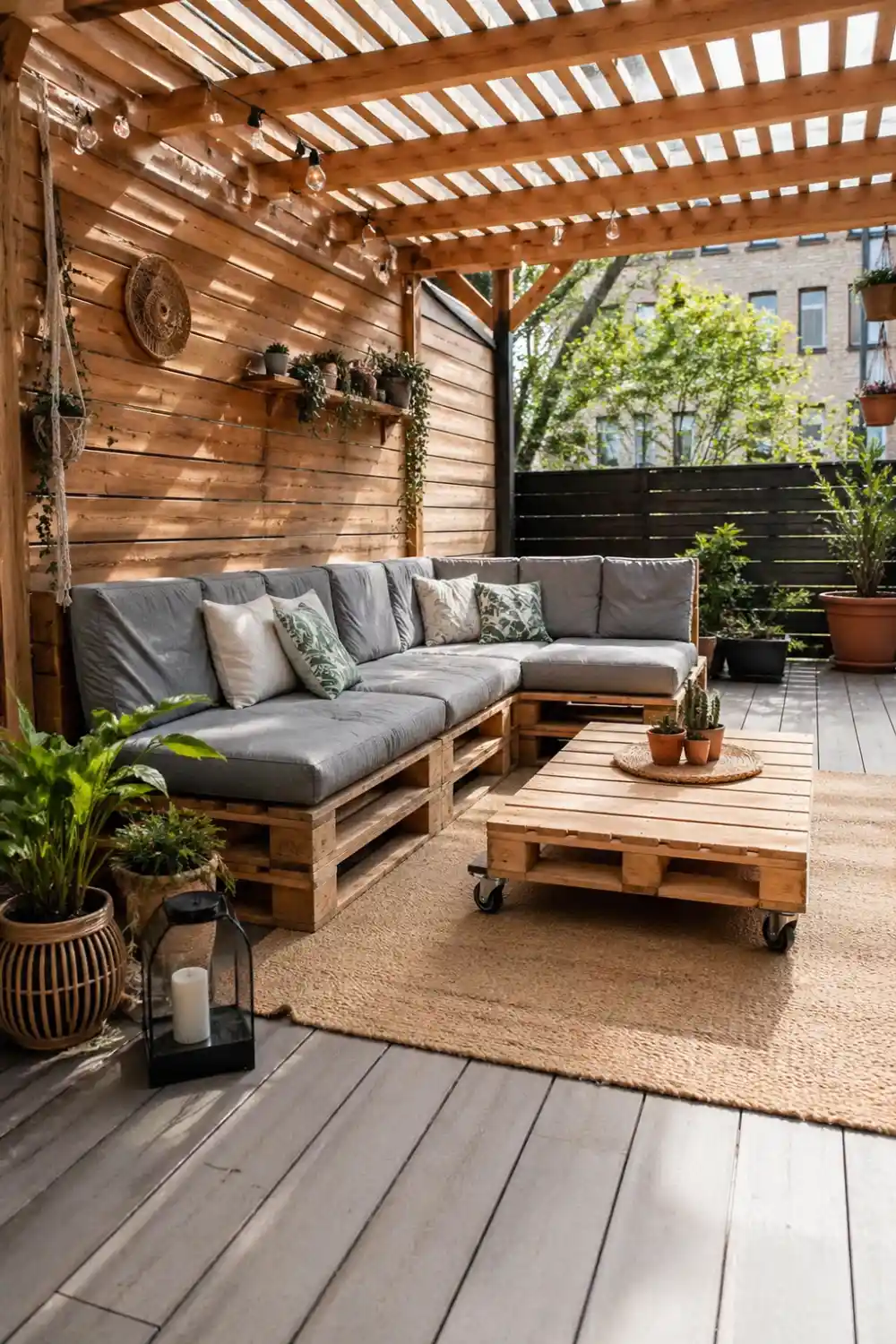 DIY pallet patio furniture with sofa and table, cushions, rug, wooden pergola overhead, plants and decor, budget friendly outdoor seating on concrete base