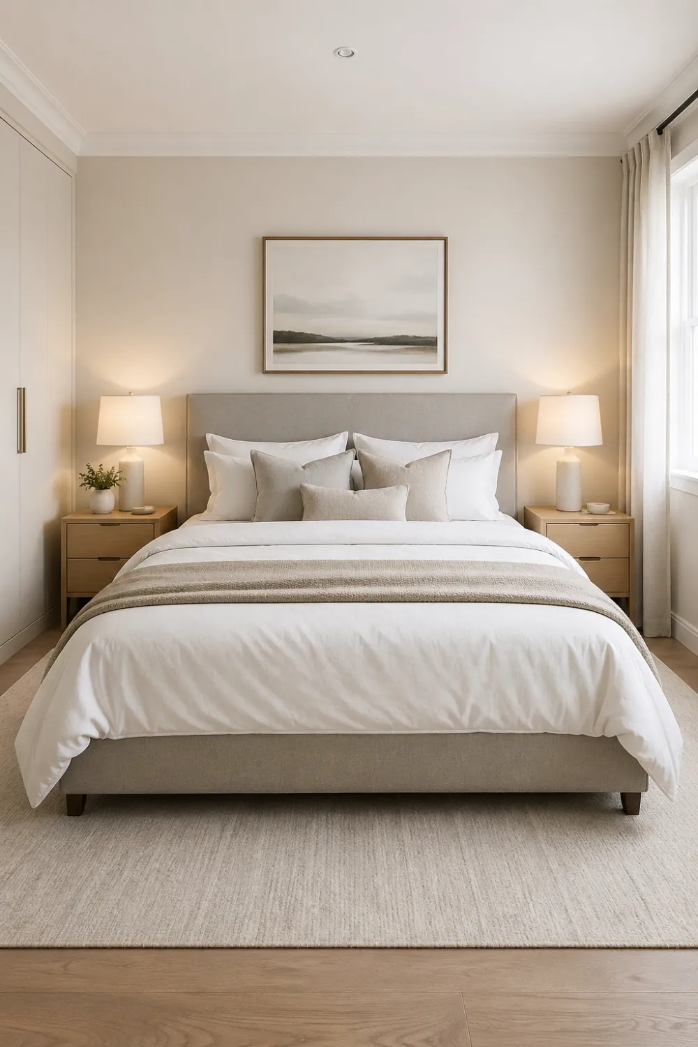 soft neutral minimal bedroom design, beige and white tones, simple upholstered bed, layered bedding, matching bedside lamps, natural light, clean layout, cozy rug, minimal decor, calm and peaceful luxury bedroom aesthetic