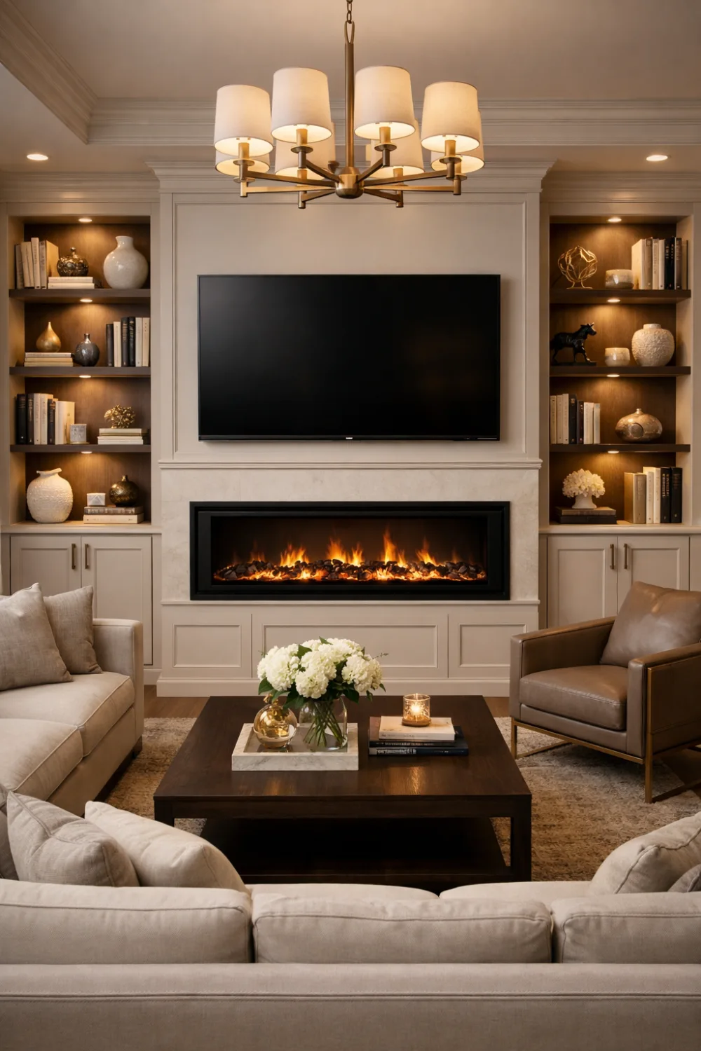 Symmetrical built in shelves around electric fireplace and TV above elegant living room design.