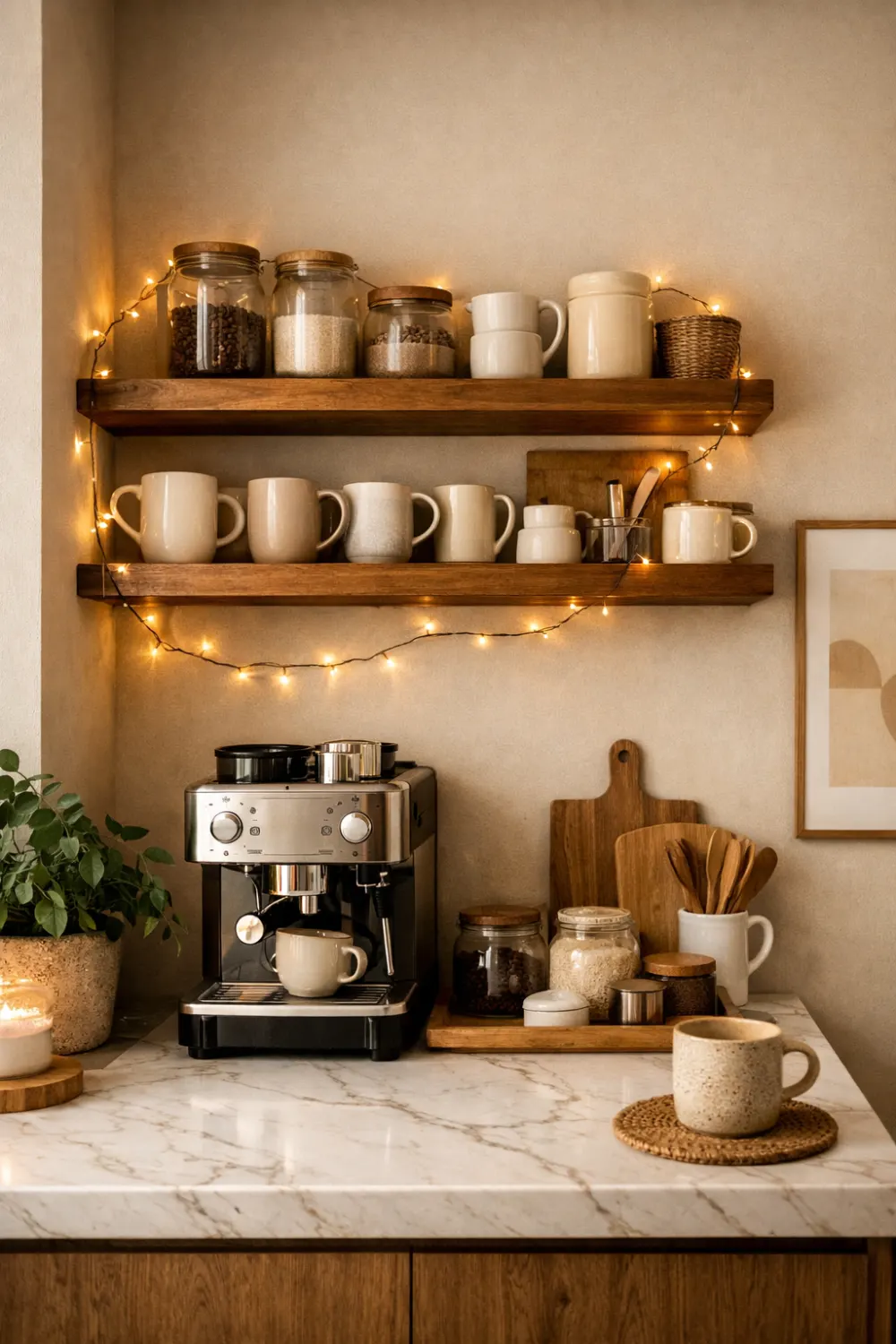 coffee bar with warm string lights wooden shelves mugs jars cozy aesthetic kitchen coffee station