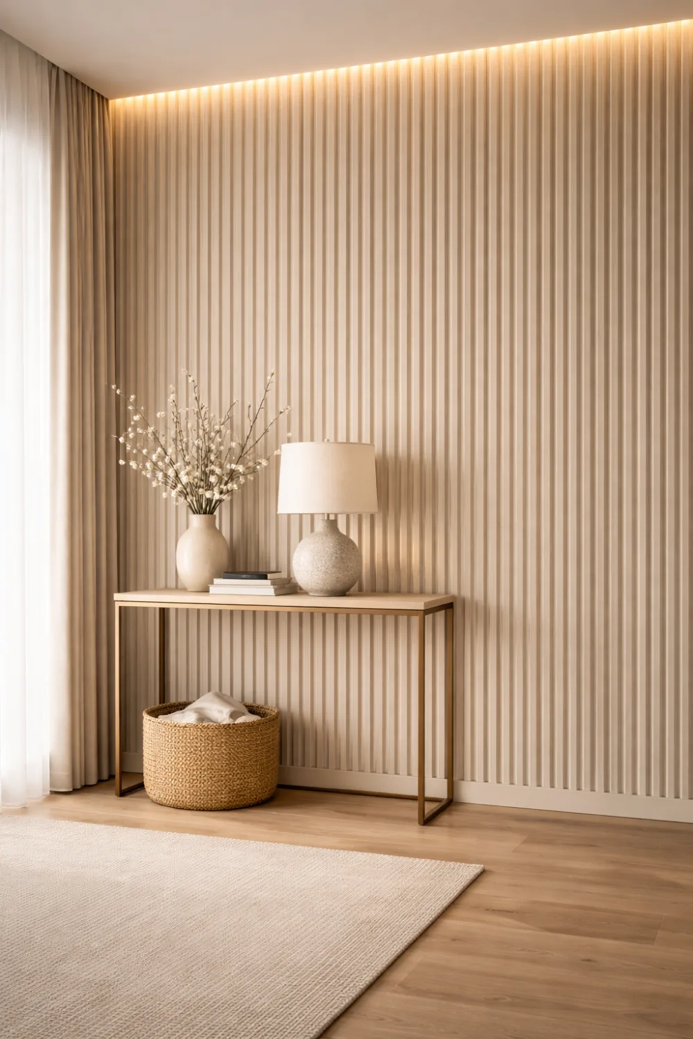 Modern interior with fluted wall panel design featuring vertical grooves, neutral textured wall with console table and decor creating a stylish architectural feature in a bright room.