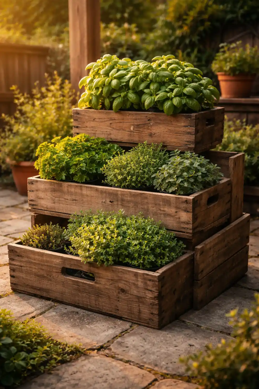 Stacked wooden crate herb garden with basil parsley thyme and oregano growing in rustic wooden boxes on sunny backyard patio, beautiful DIY herb garden idea