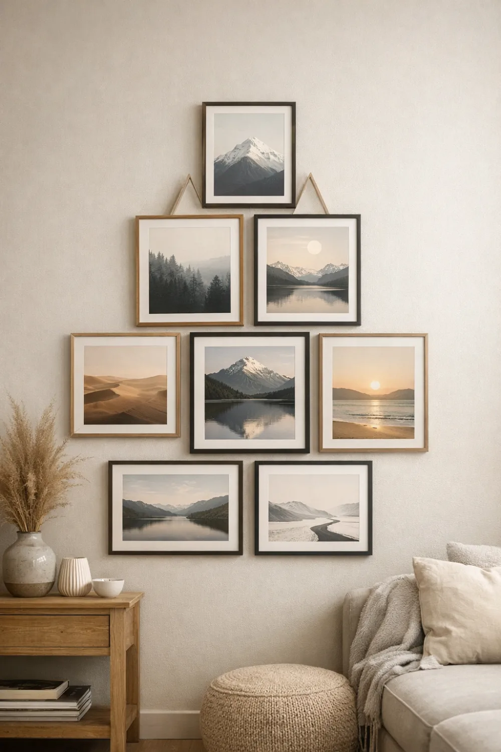 Pyramid style gallery wall with landscape photography arranged in a triangular frame layout above a cozy living room corner