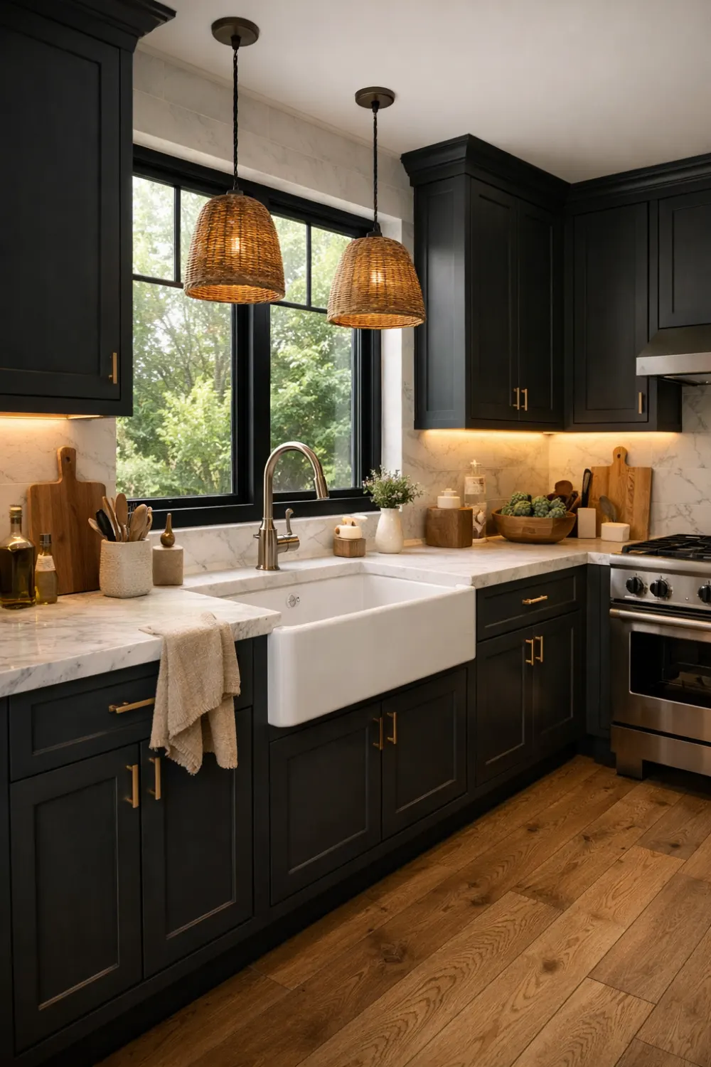 Modern dark cottage kitchen with charcoal cabinets, marble countertops, warm lighting, and farmhouse sink.