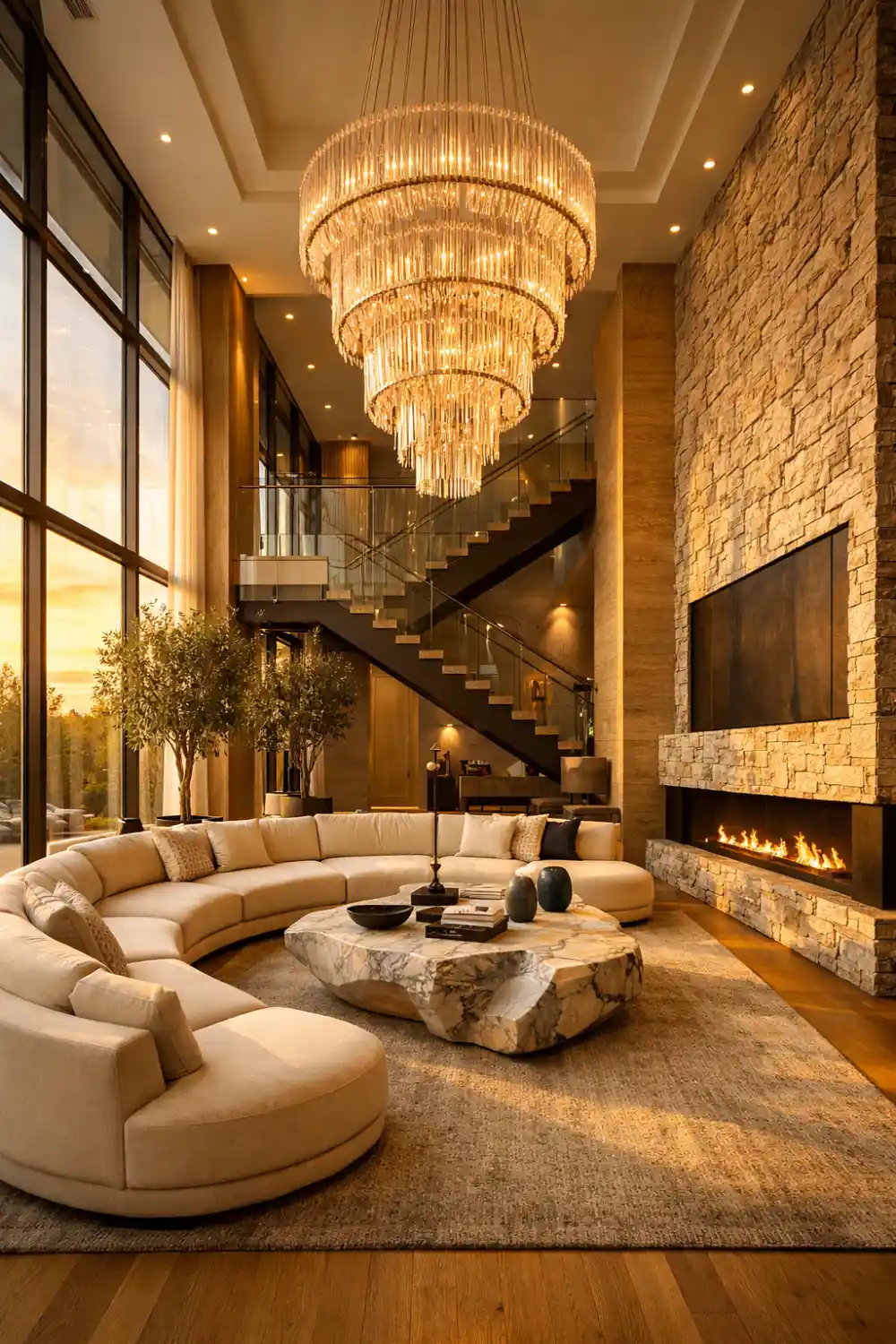 double height living room chandelier luxury modern interior design ideas