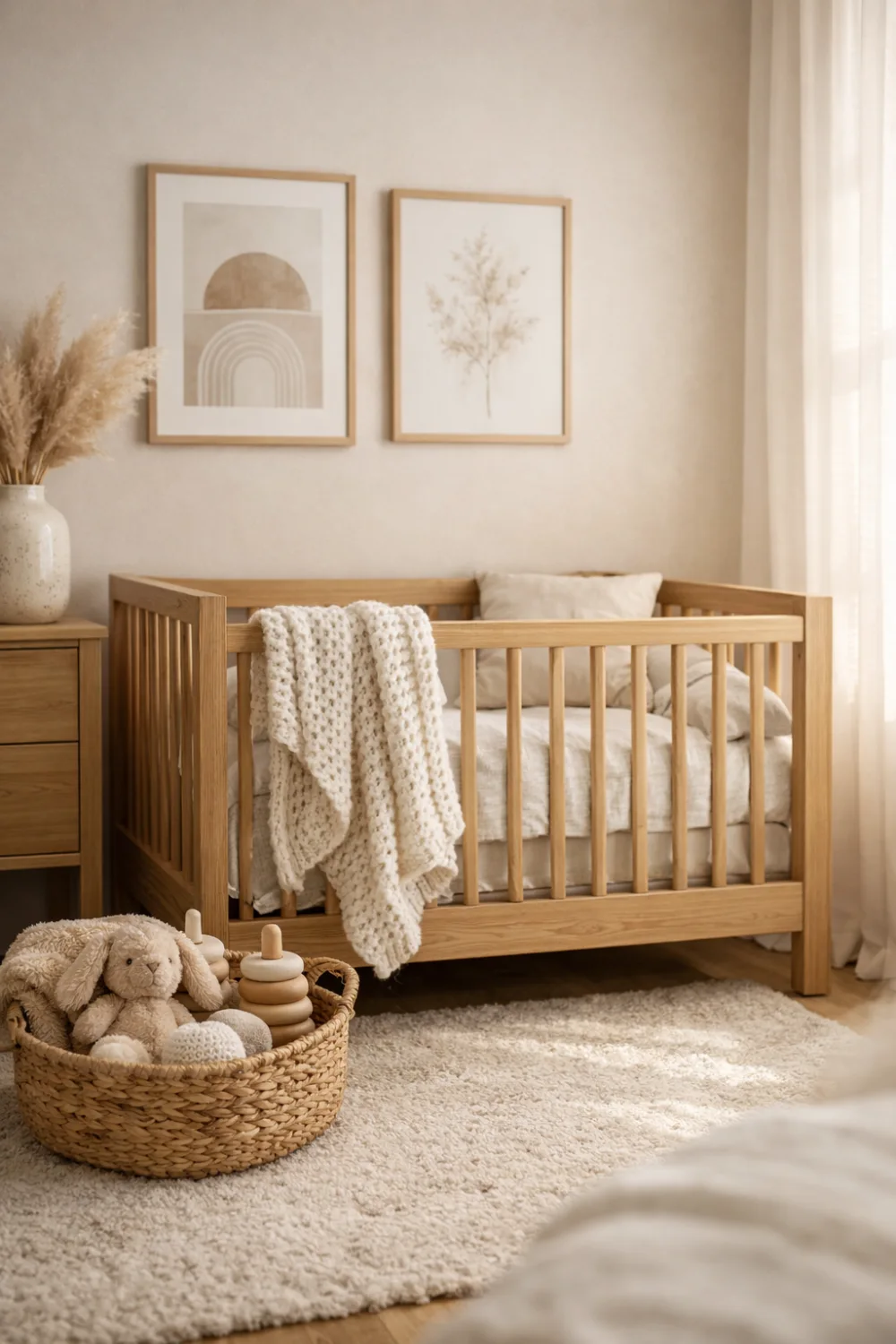 Neutral modern nursery decor with wooden crib, soft beige tones, woven baskets, cozy rug, and minimalist baby room styling.