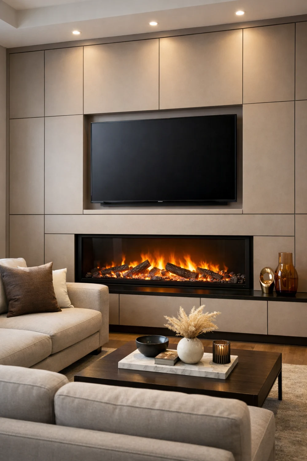Hidden storage media wall with electric fireplace and TV above sleek modern living room design.
