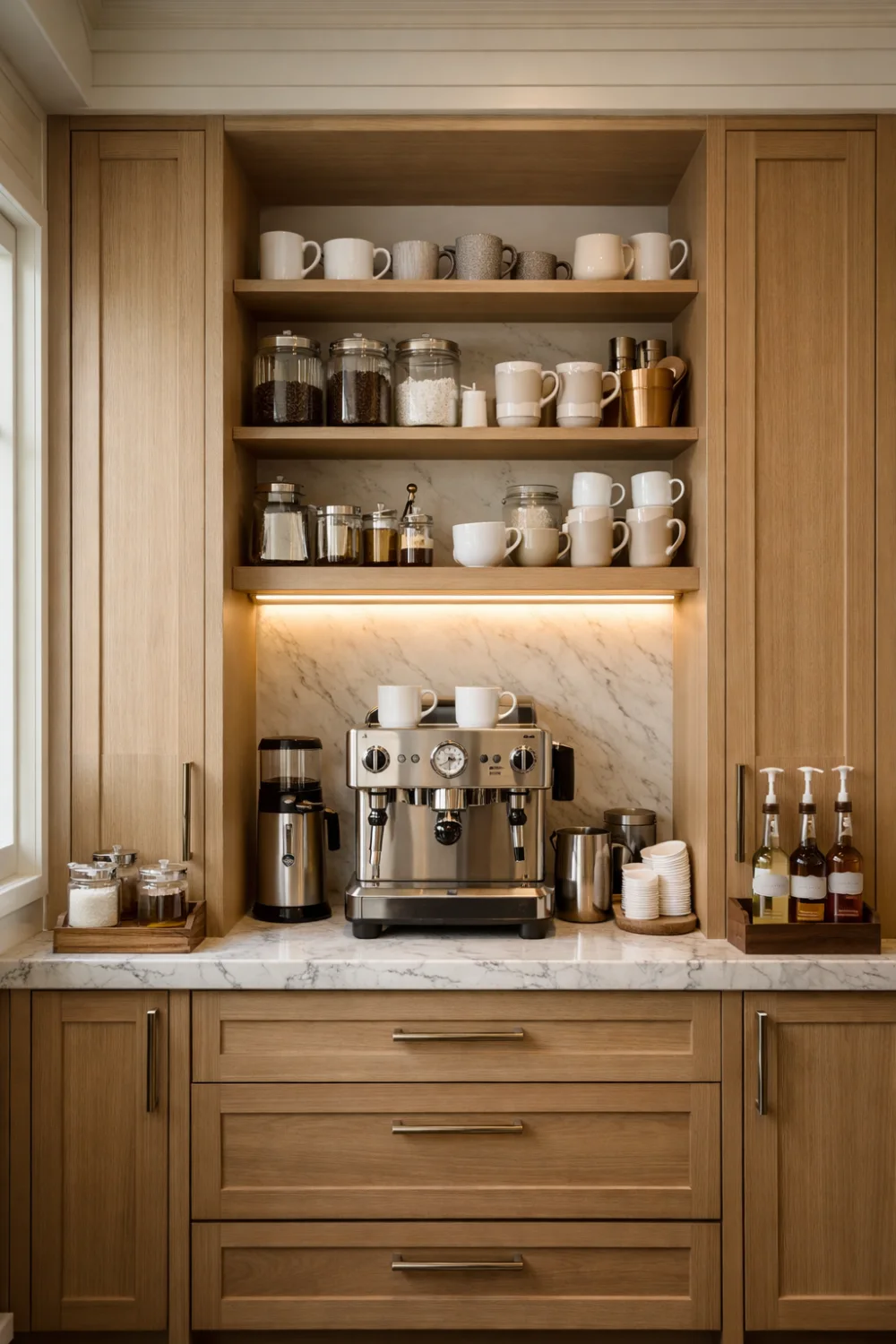 built in kitchen coffee bar station with shelves mugs espresso machine marble backsplash modern coffee nook