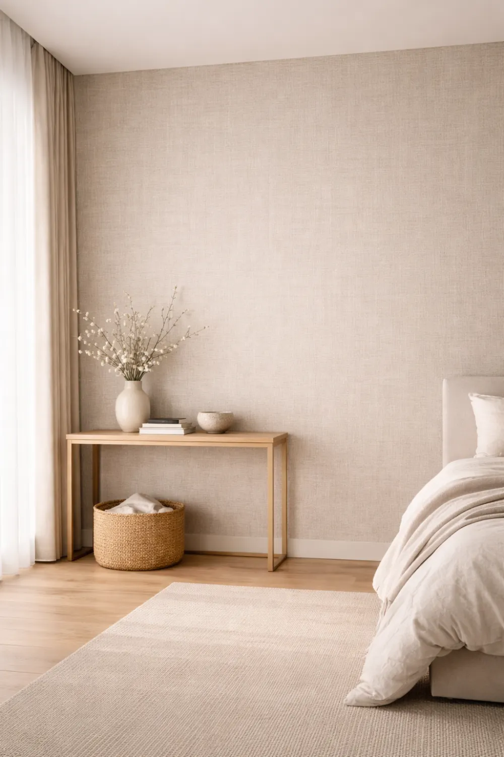 Neutral bedroom interior with textured wallpaper feature wall, subtle fabric like wall texture behind minimal decor and wooden console table creating a calm modern bedroom design.