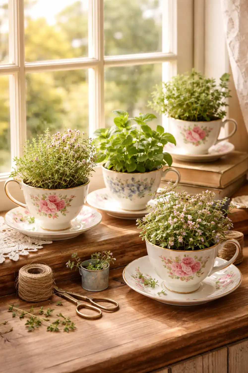 Vintage floral teacup herb garden with thyme mint and oregano growing on sunny windowsill, charming cottage style indoor herb garden idea