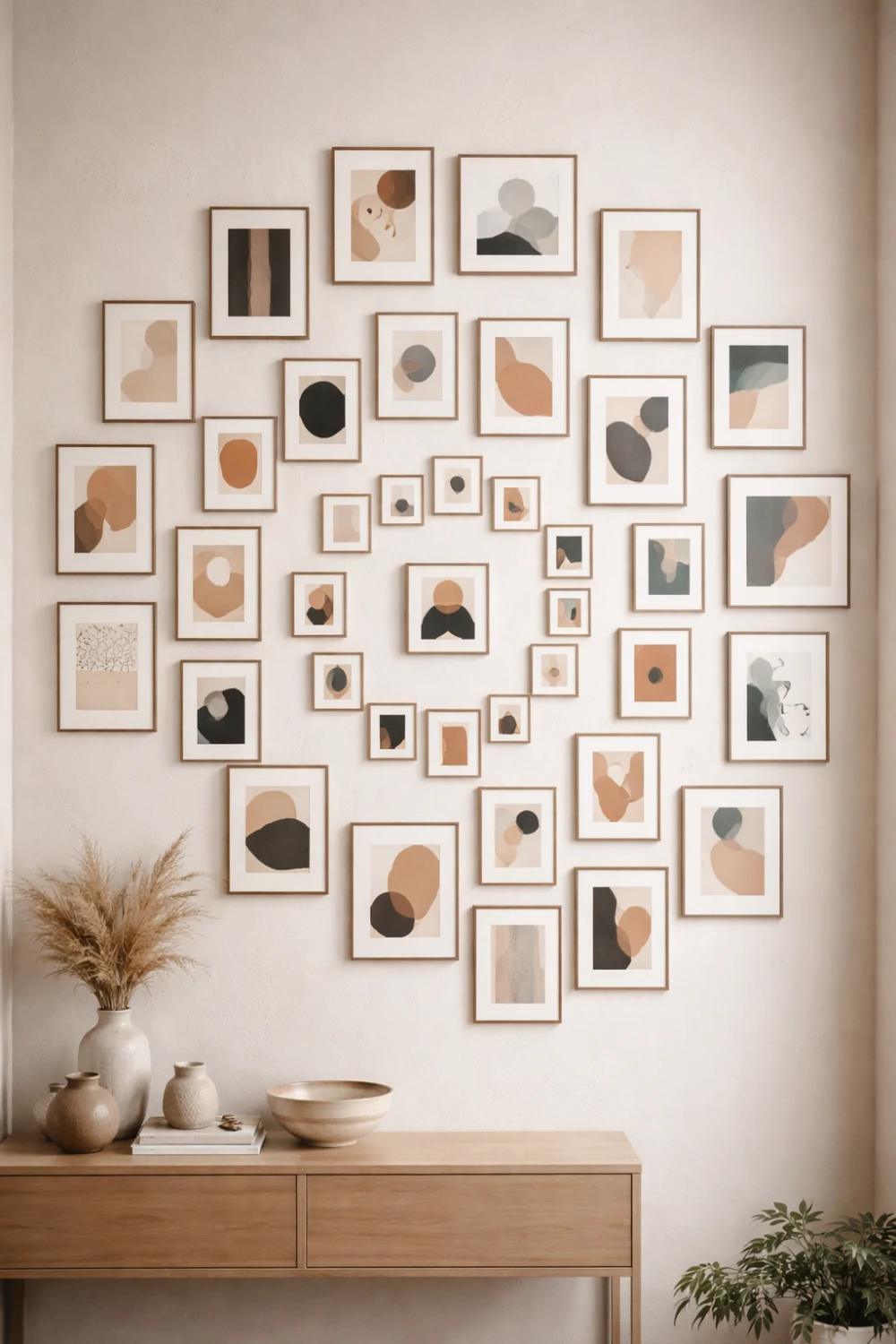 Spiral gallery wall design with multiple frames arranged in a circular spiral layout creating a striking artistic wall display