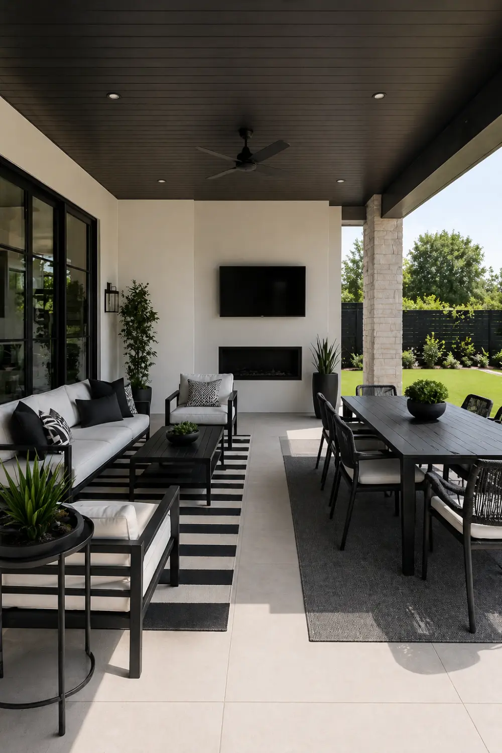 modern patio divided into zones with lounge seating and dining area, rugs defining sections, black and white furniture, clean layout, concrete slab floor, organized outdoor design