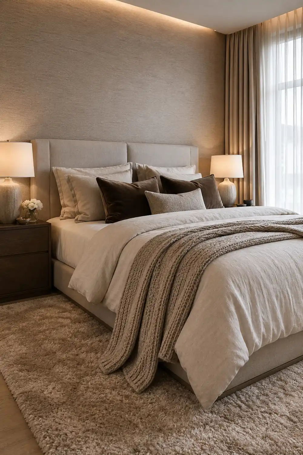 cozy textured bedroom design, layered bedding with knit throw blanket, plush rug, neutral tones, soft lighting, comfortable pillows, warm and inviting luxury bedroom, detailed textures, clean layout, relaxed and elegant interior