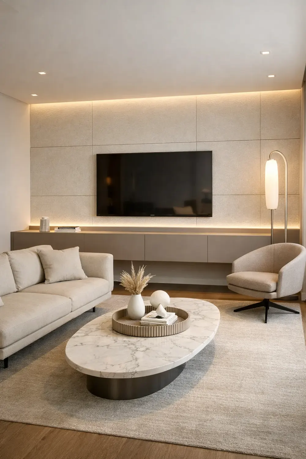 Minimalist small living room with TV wall, floating media console, marble coffee table, and neutral sofa creating a sleek modern apartment interior.