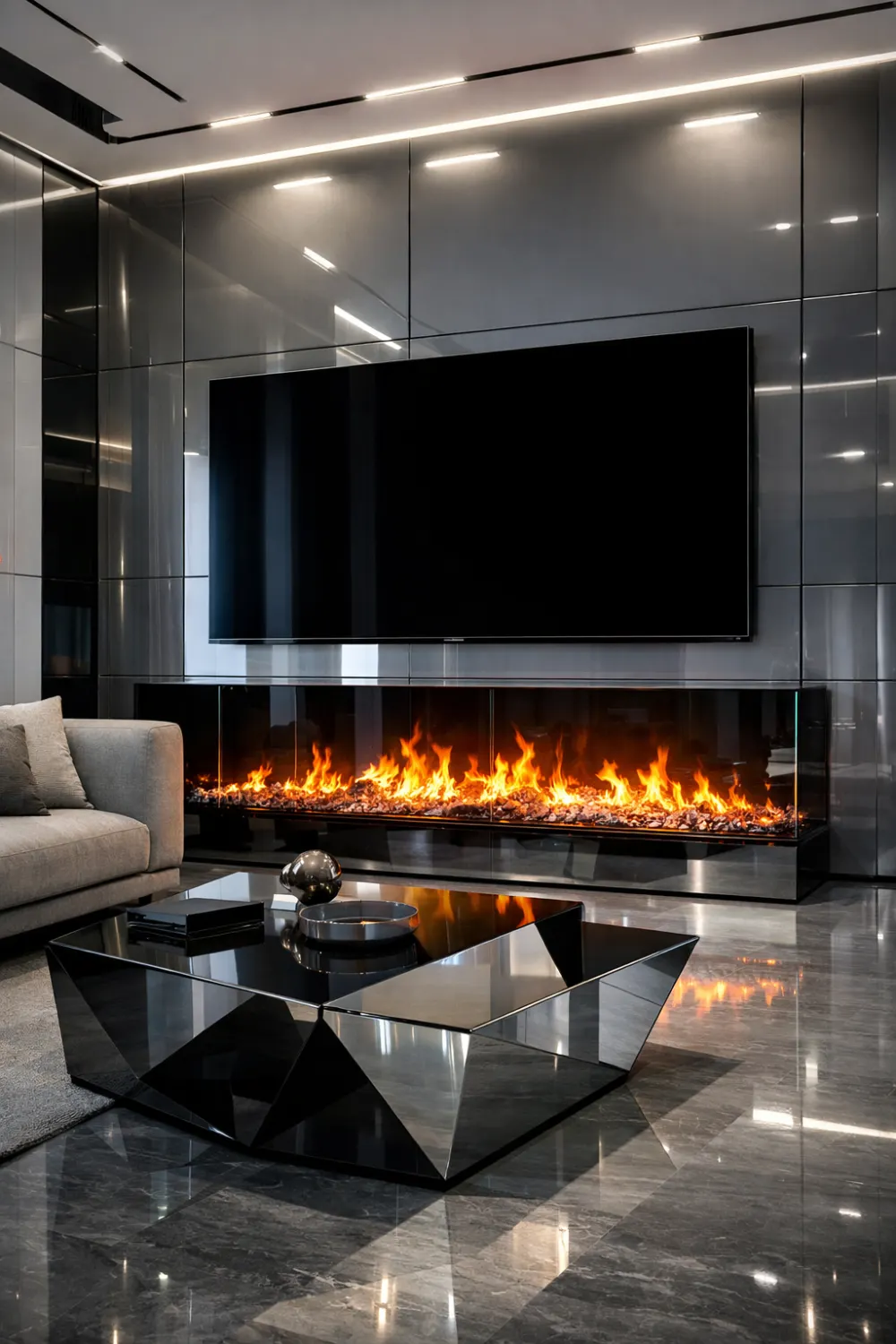 Ultra modern glass electric fireplace wall with TV above glossy luxury living room design.