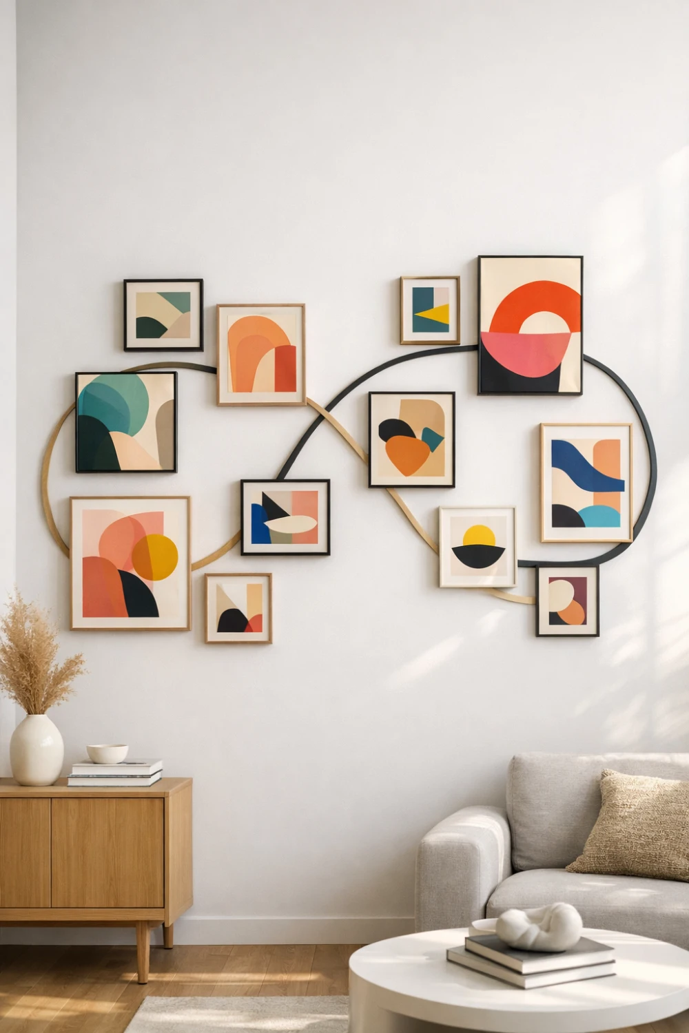 Infinity layout gallery wall with colorful abstract art prints arranged along a flowing infinity shaped frame design