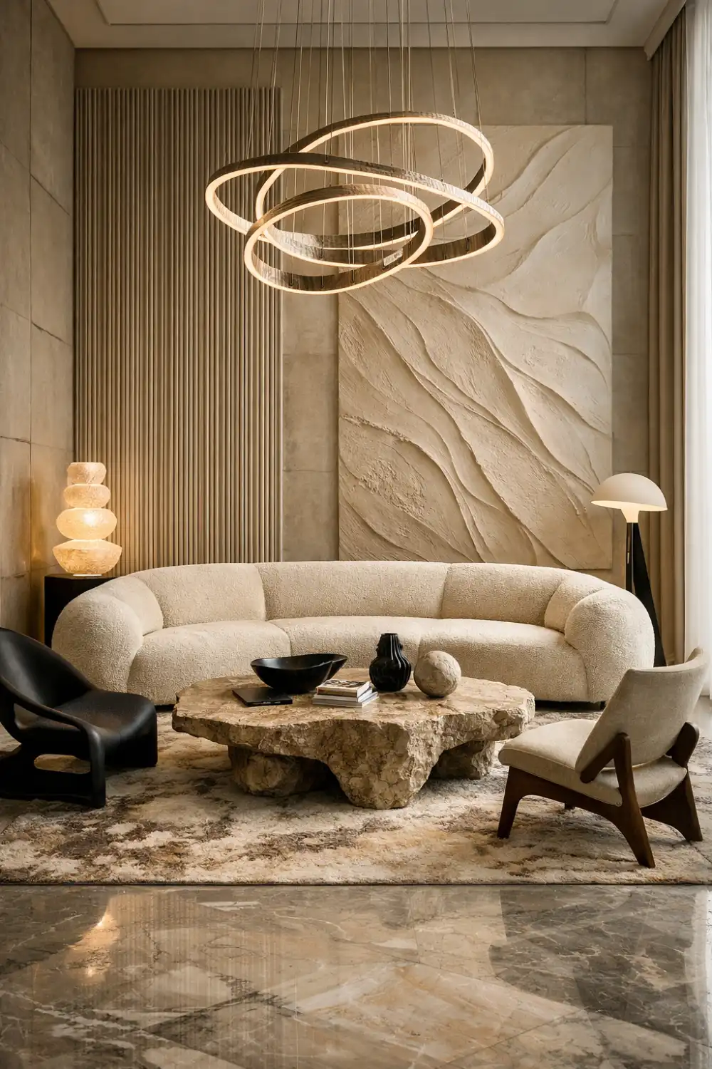 sculptural living room modern sofa statement lighting luxury interior ideas
