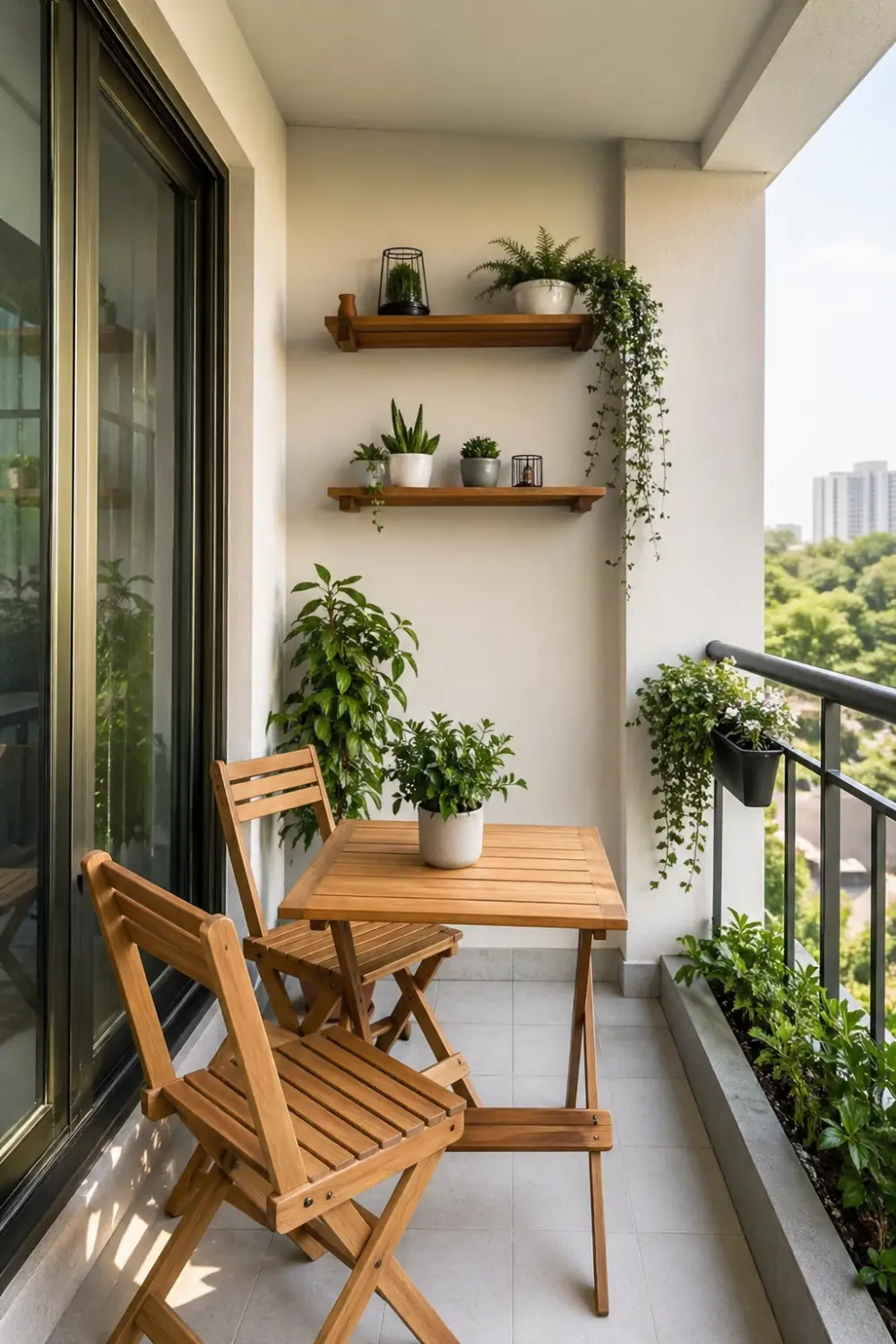 small balcony patio with wooden folding table and chairs, wall shelves with plants, railing planters, compact outdoor setup, concrete floor, minimal space design