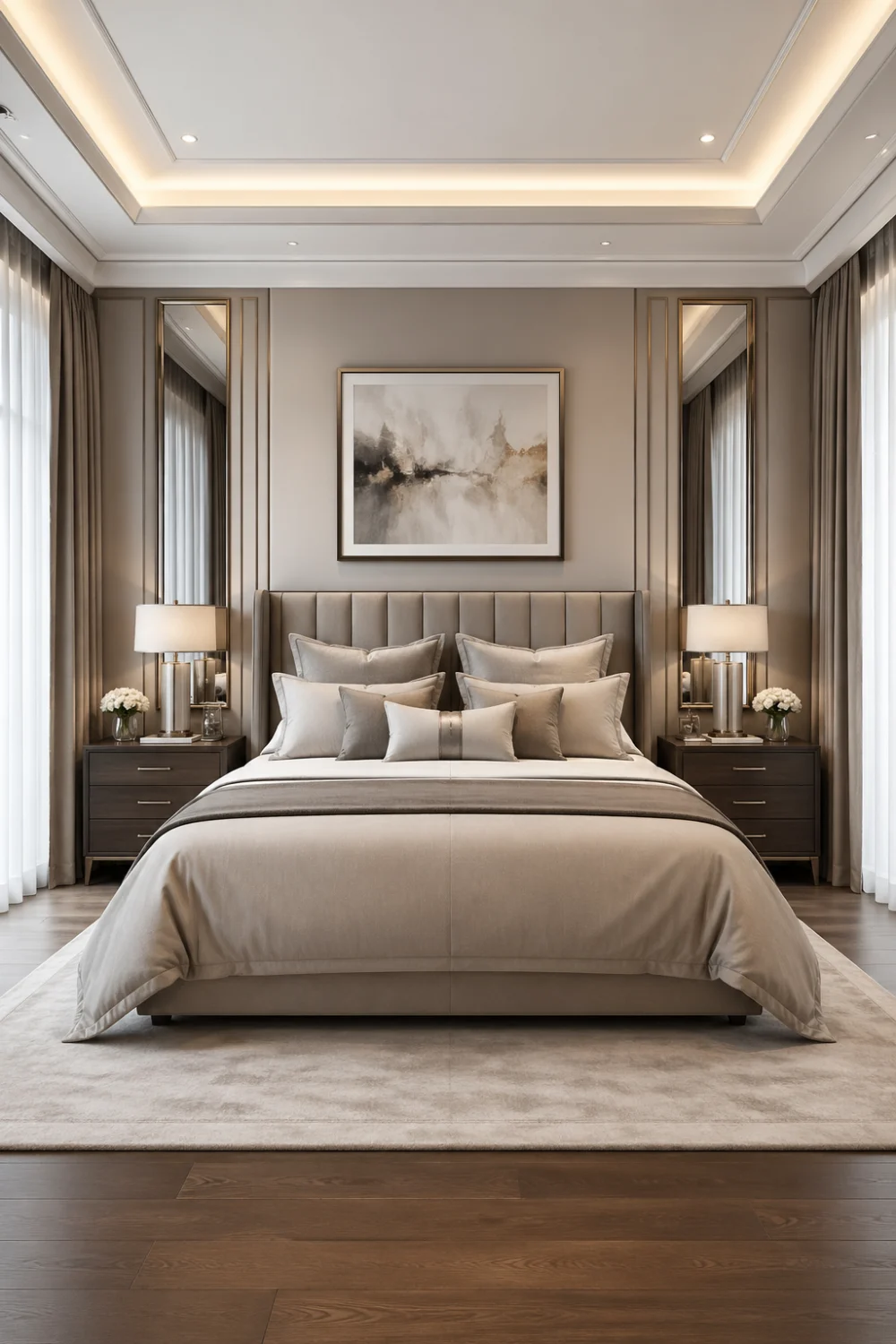 symmetrical designer luxury bedroom, balanced layout with matching bedside tables and lamps, neutral tones, layered bedding, wall panel detailing, soft lighting, clean and organized space, modern elegant bedroom, high end interior design