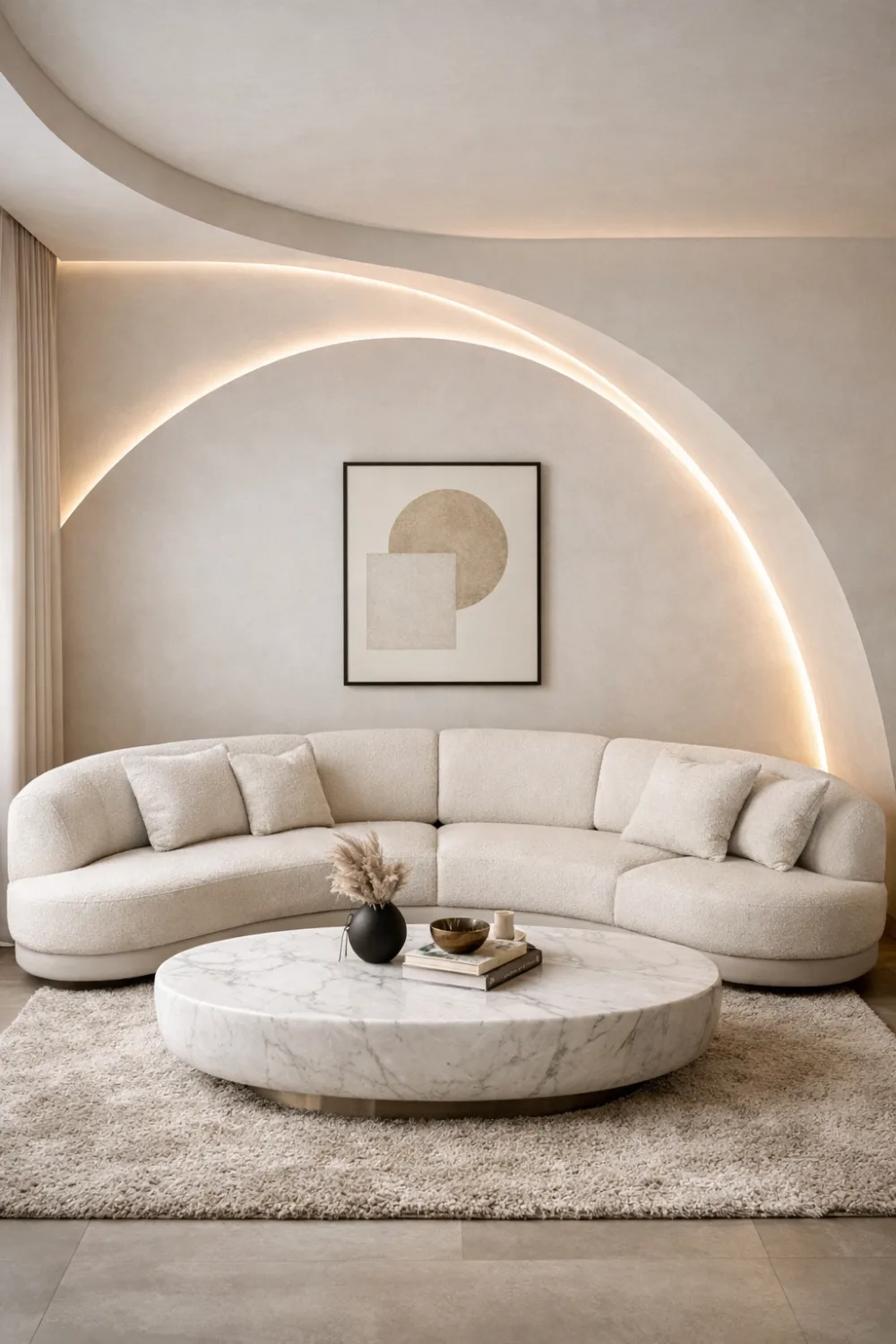 Modern curved wall living room with sculptural sofa, round marble coffee table, and LED lighting creating a luxury contemporary interior design.