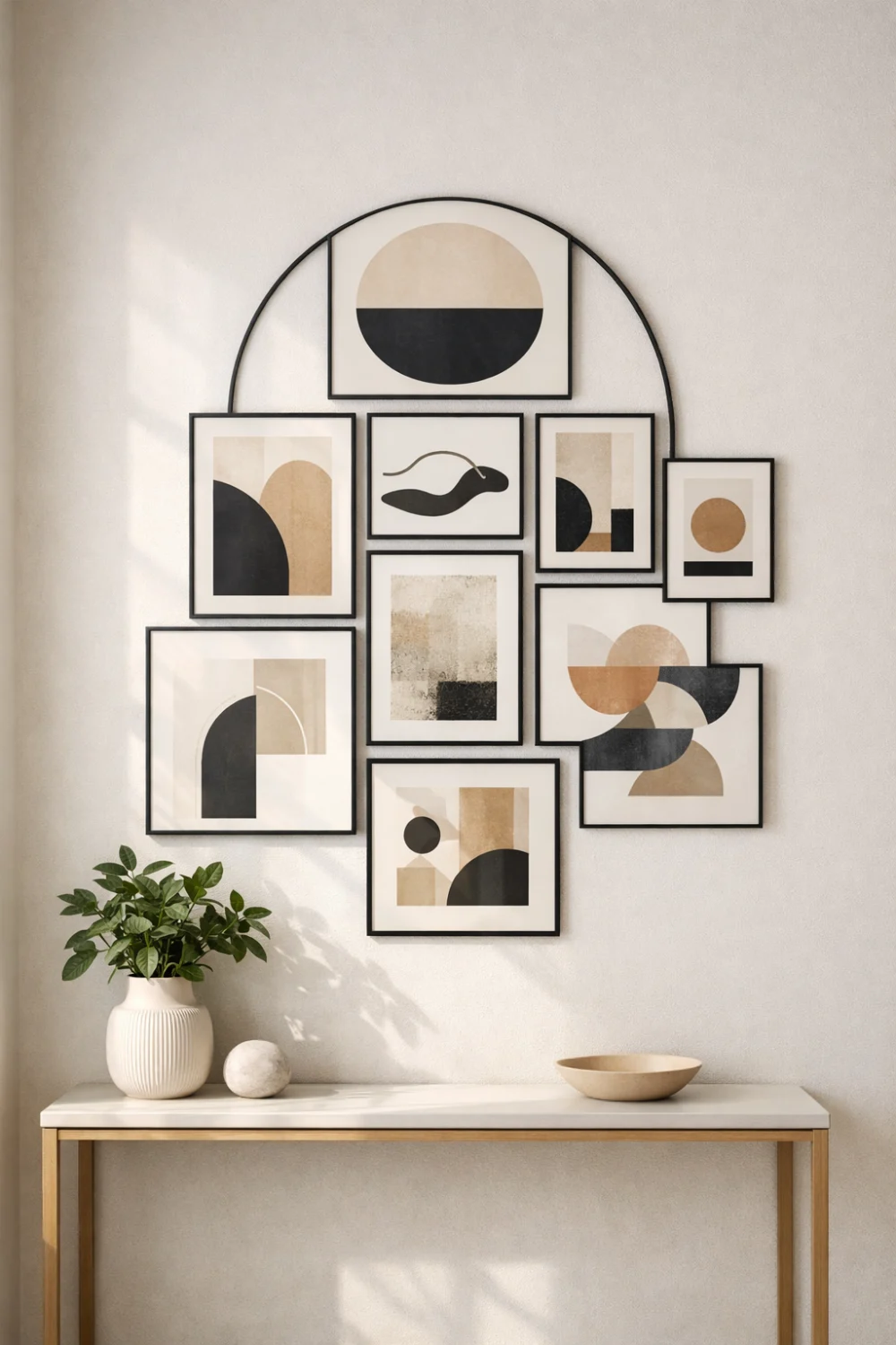 Arch frame gallery wall with abstract artwork arranged inside a curved architectural frame layout above a console table