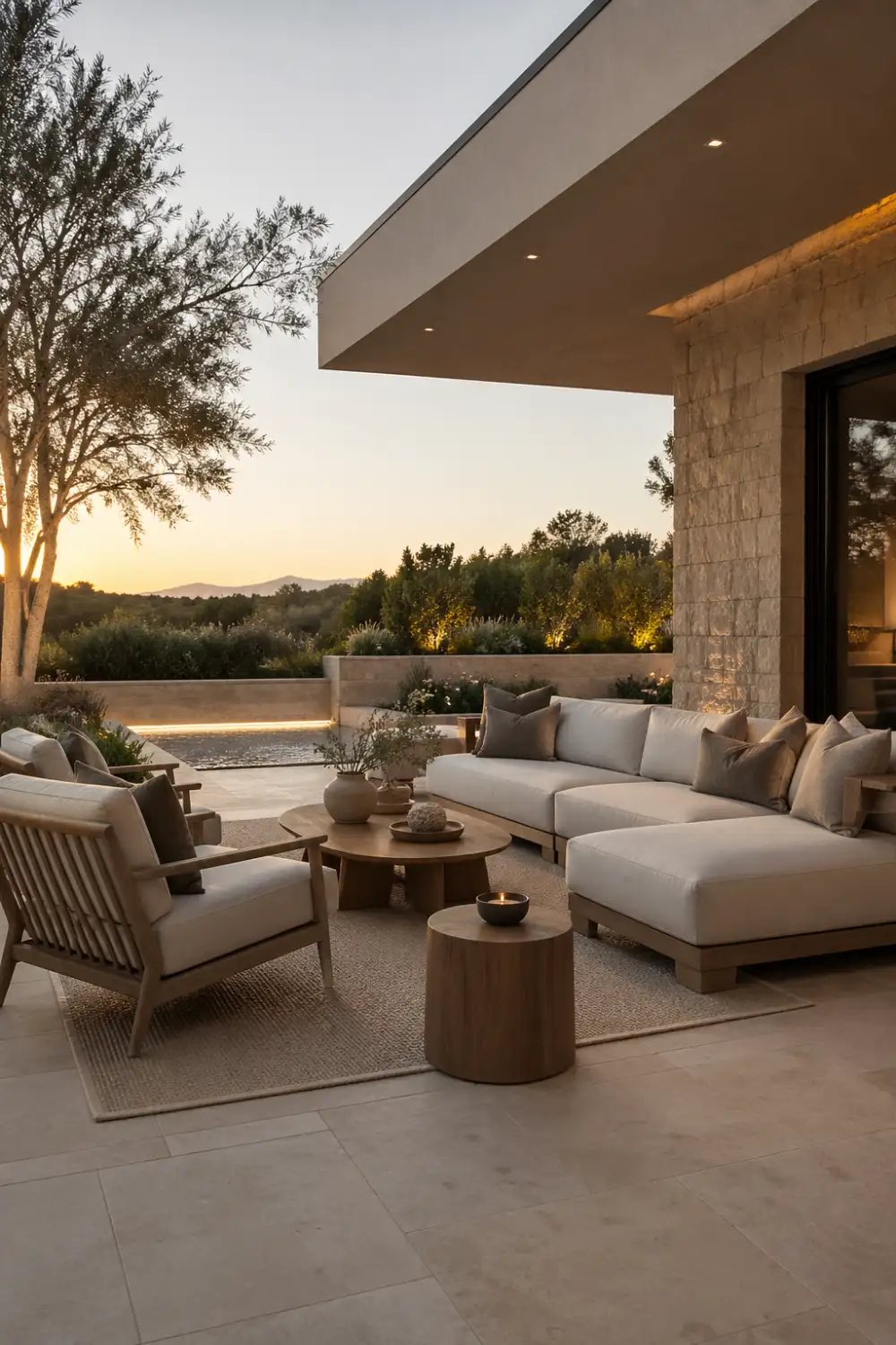 luxury neutral patio with beige sofa, wooden chairs, soft lighting, layered textures, modern outdoor lounge, concrete slab base, elegant backyard setup with sunset view