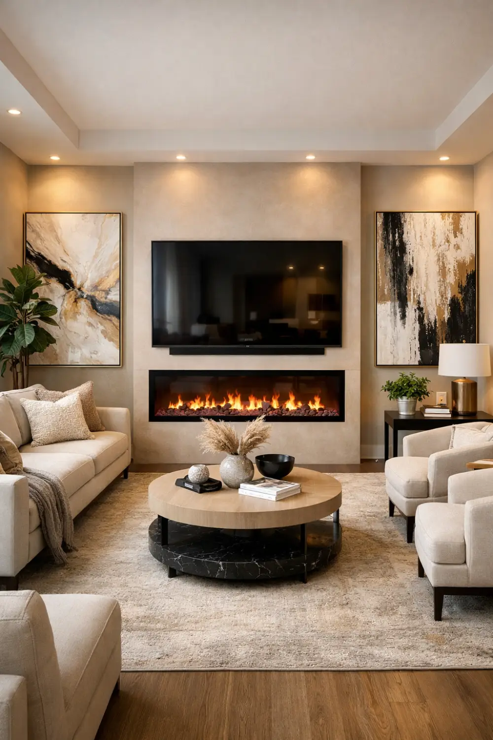 Electric fireplace wall with TV above and large statement art pieces in stylish living room.