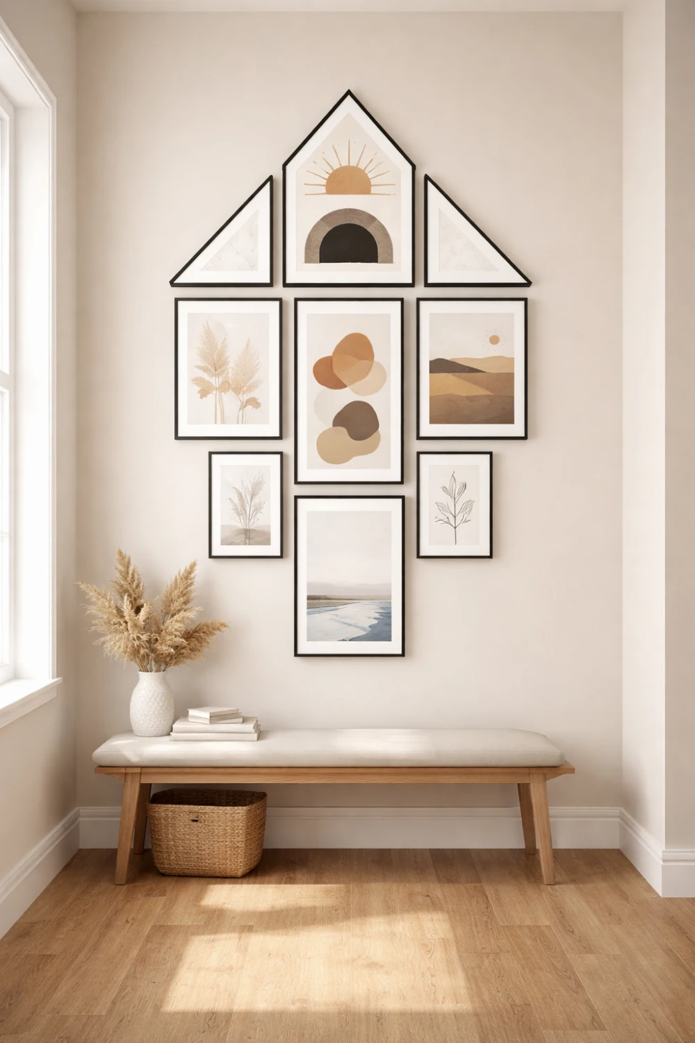 House shape gallery wall with frames arranged to resemble a house silhouette creating a playful modern wall decor design