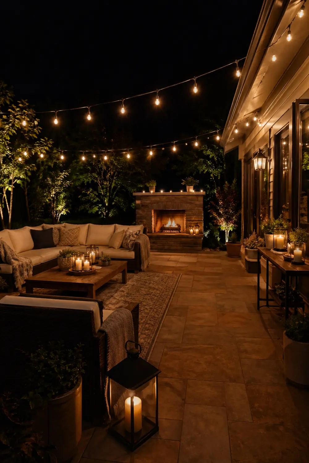 night patio with string lights, candles, outdoor sofa, fireplace, warm lighting ambiance, cozy backyard setup on concrete floor, evening outdoor living space