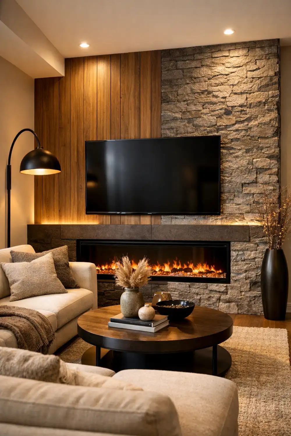 Two tone fireplace wall combining wood and stone with electric fireplace and TV above.