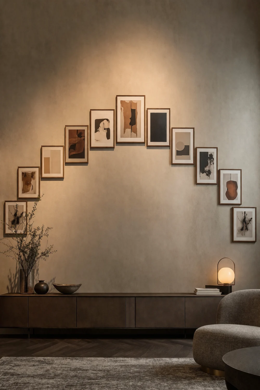 Staircase style gallery wall with frames arranged in a step pattern forming a modern decorative wall design