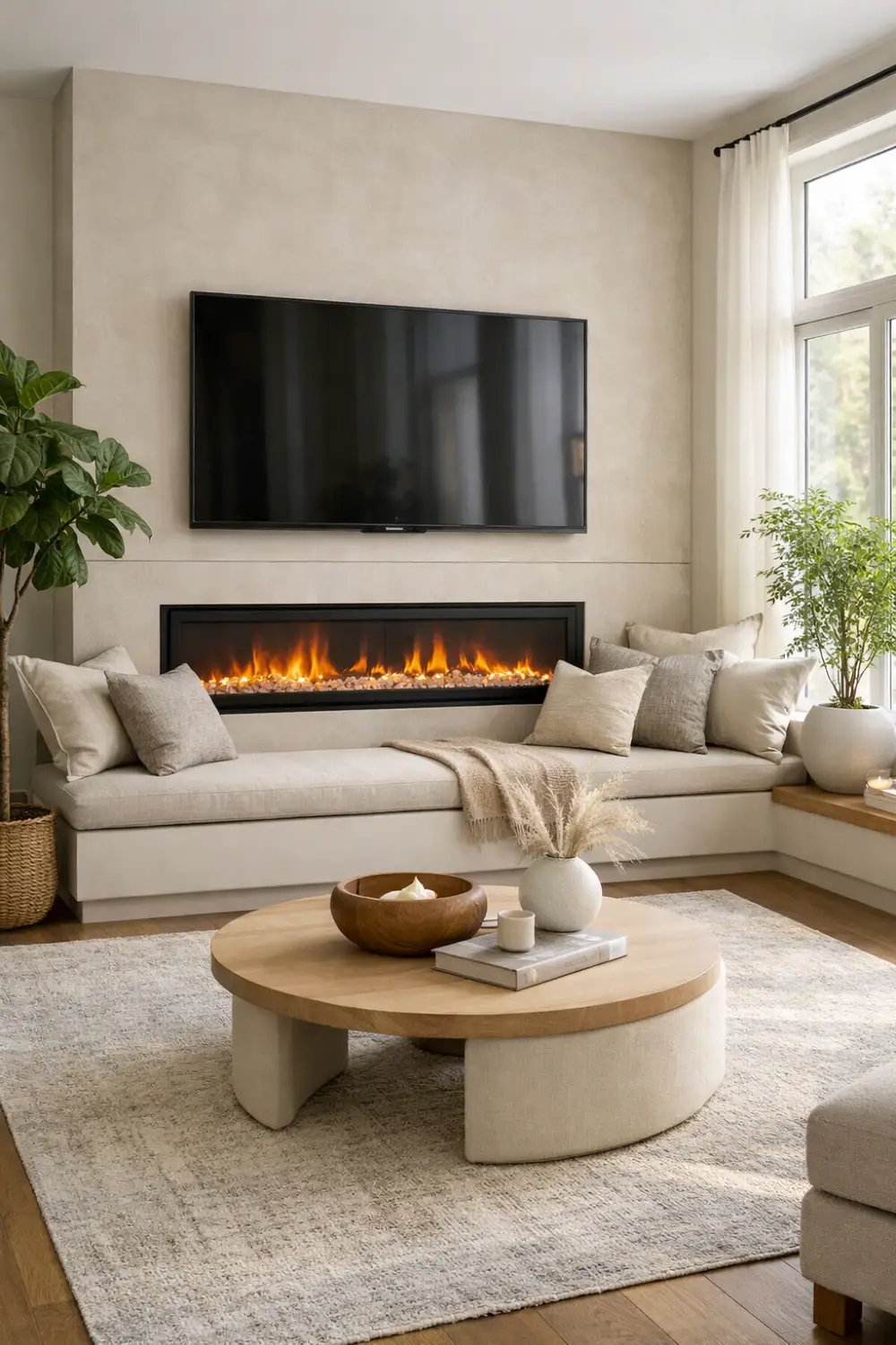 Electric fireplace wall with built in bench seating and TV above cozy modern living room.