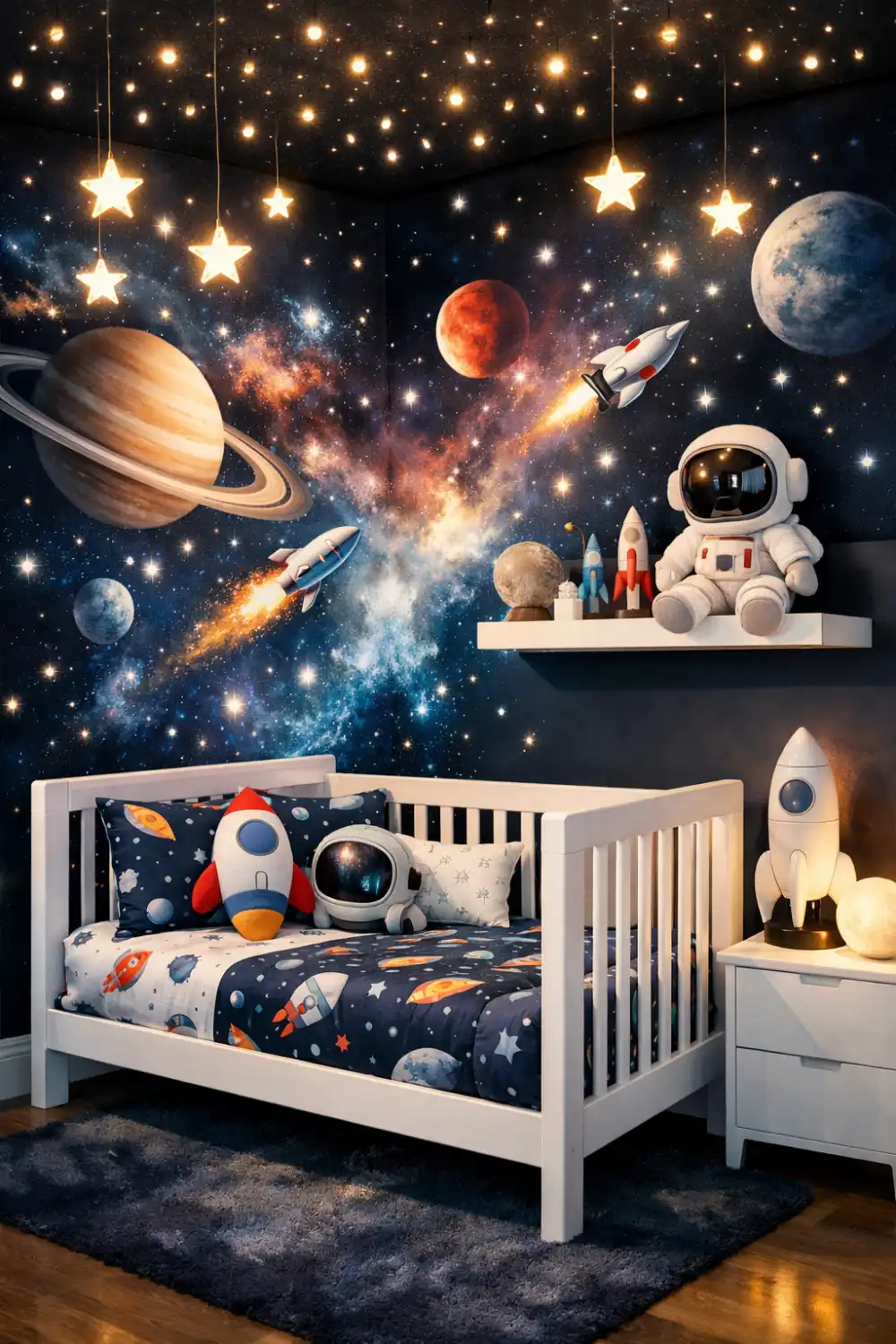 Space themed nursery decor with galaxy wall mural, rocket toys, astronaut decor, glowing star lights, and modern white crib creating a dreamy outer space baby room.