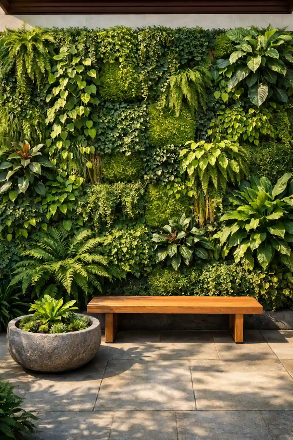 Modern living wall vertical garden with lush green plants covering a patio wall creating a stylish green feature wall for small spaces.