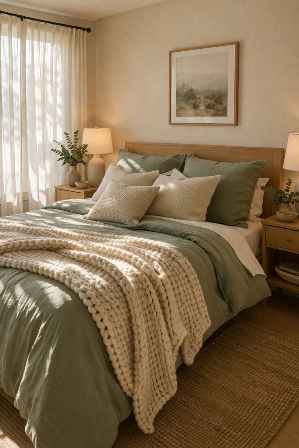 sage green bedroom bedding decor cozy neutral bedroom with layered pillows knit blanket wooden furniture calm bedroom inspiration