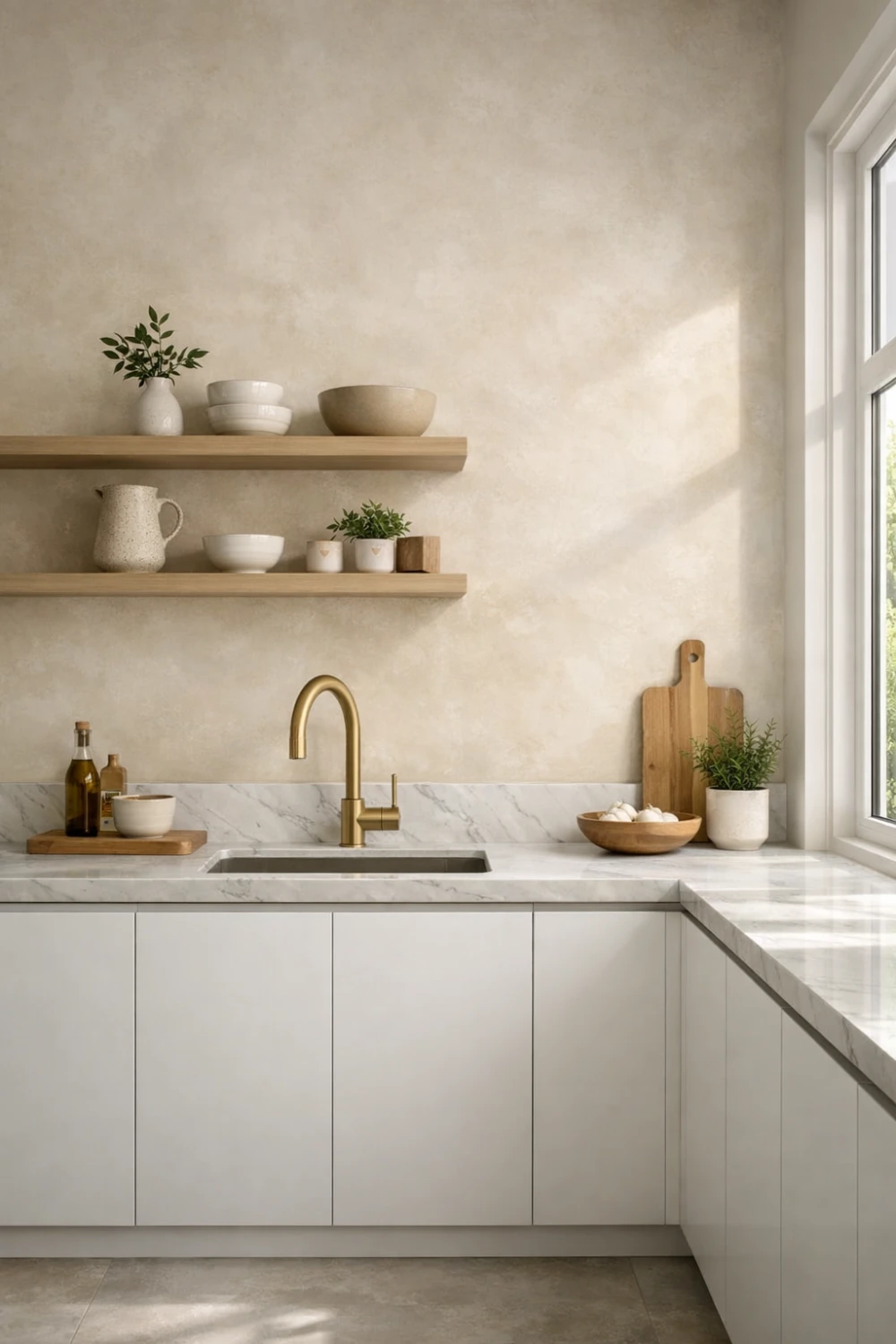Modern kitchen limewash backsplash wall with white cabinets, marble countertop, floating wooden shelves, and brass faucet minimalist kitchen design