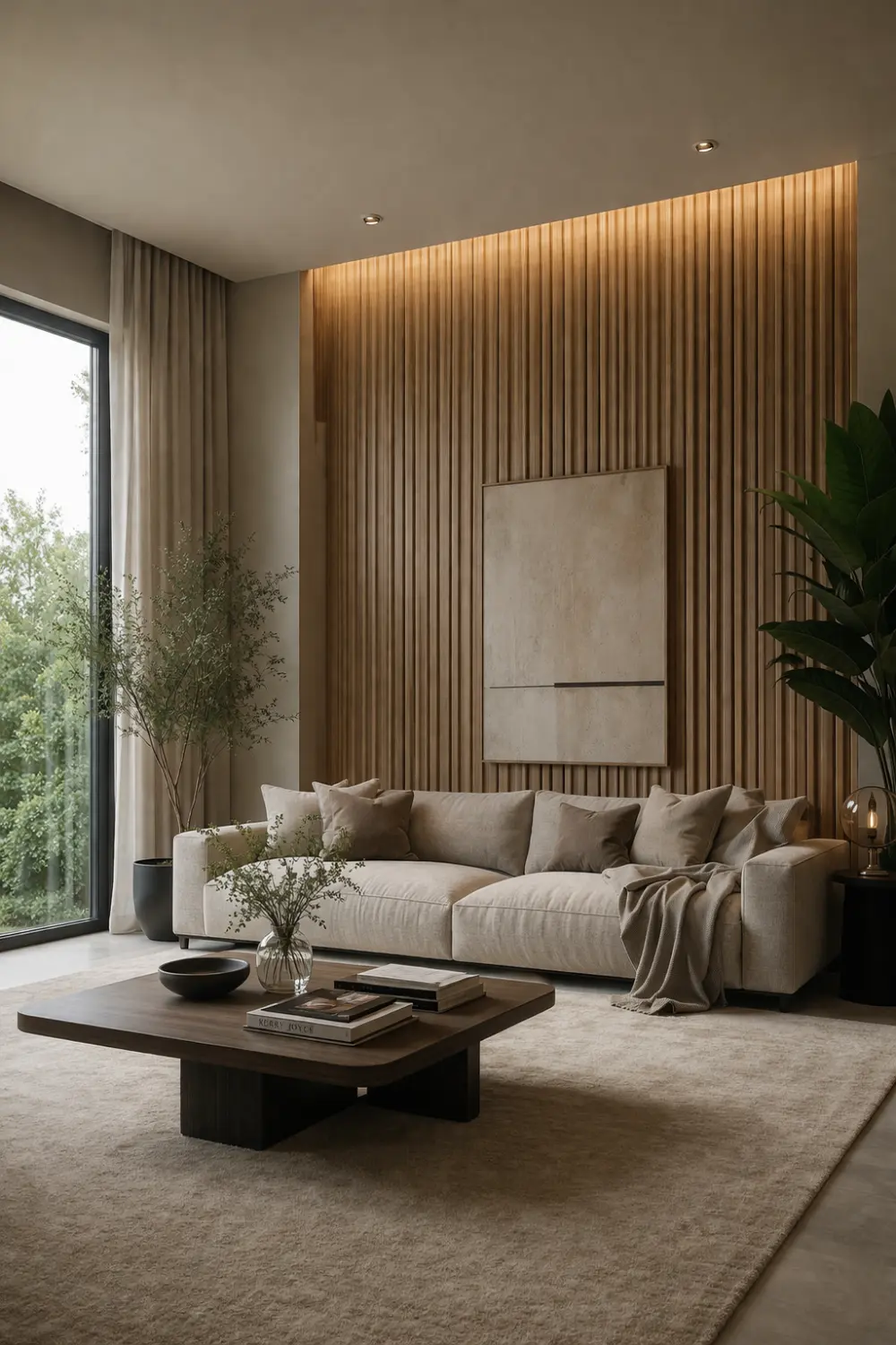 modern living room fluted wood accent wall behind sofa with warm lighting