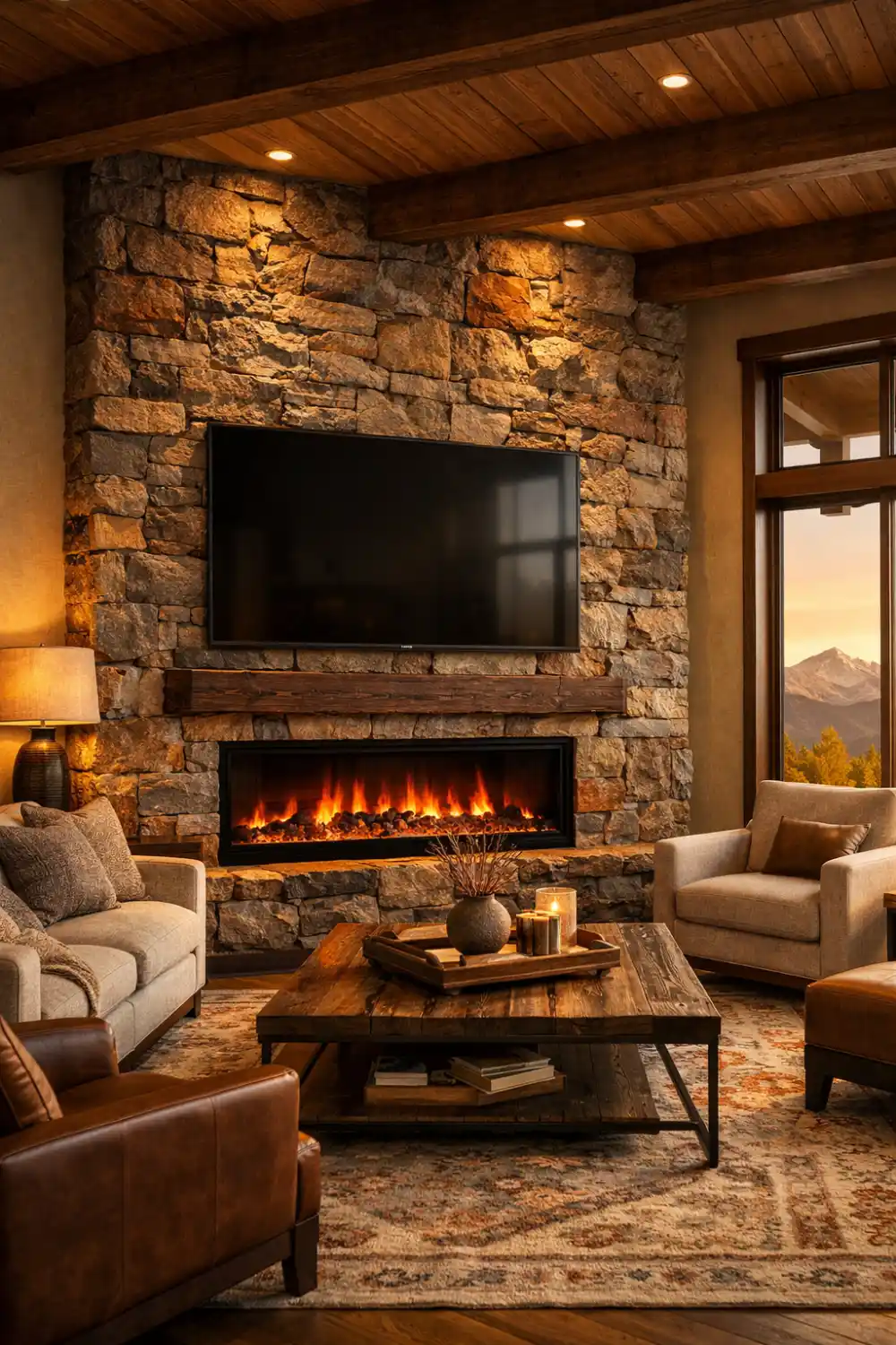 Rustic stone fireplace wall with electric fireplace and TV above in a cozy living room with warm lighting and natural textures.