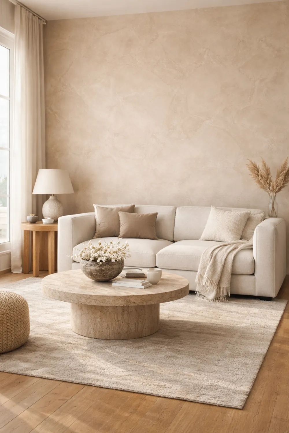 Elegant living room interior with a soft Venetian plaster textured wall in warm beige tones, smooth plaster finish creating subtle depth, neutral sofa with cushions, minimalist coffee table and natural decor in a modern luxury interior design.